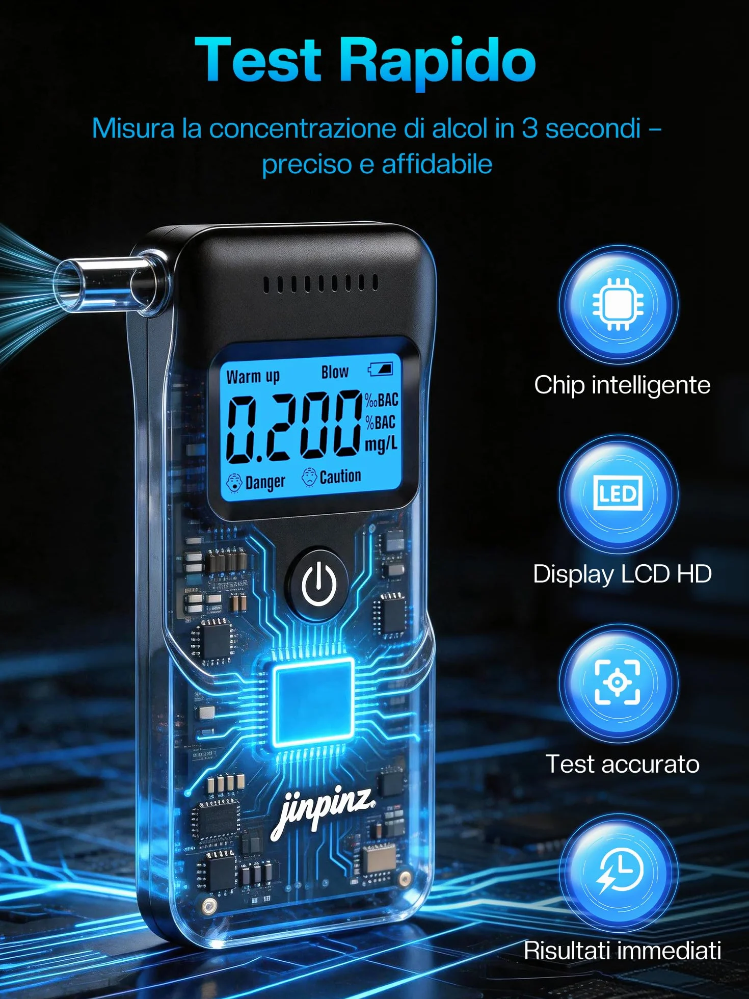 Etilometro Portatile Certificato Alcol Test con Sensore Rapido 10 Bocchini Display LCD Blu Nero