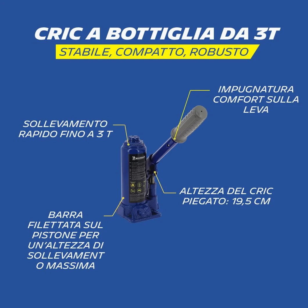 MICHELIN Cric a bottiglia idraulico 3 tonnellate 195-385 mm