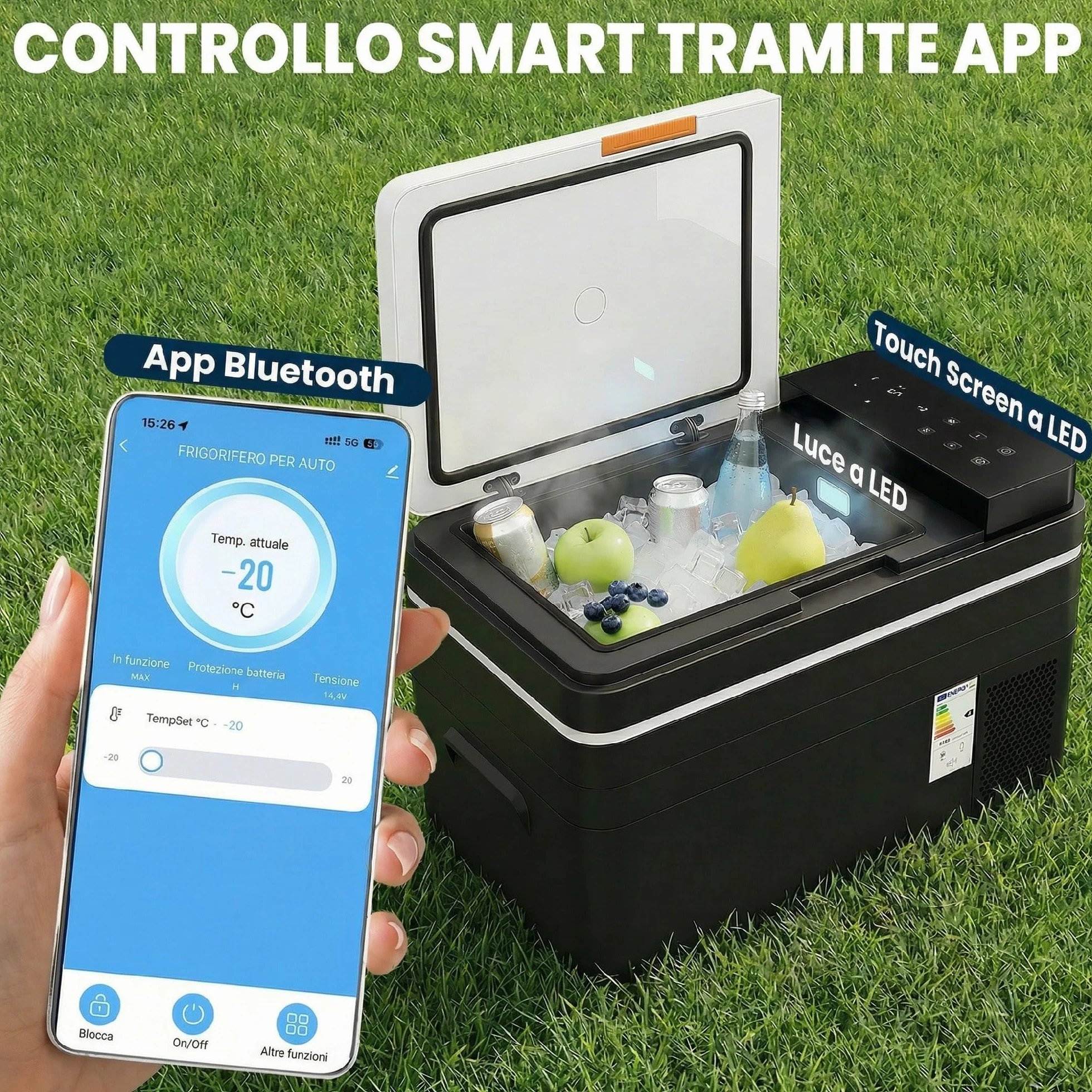 Outsunny Frigorifero Portatile per Auto 30L con Compressore, Frigo Portatile Elettrico Anti-Shock, APP Bluetooth, 12/24V DC e 100-240V AC, -20°C a 20°C, per Campeggio Camion Barca Camper, Nero