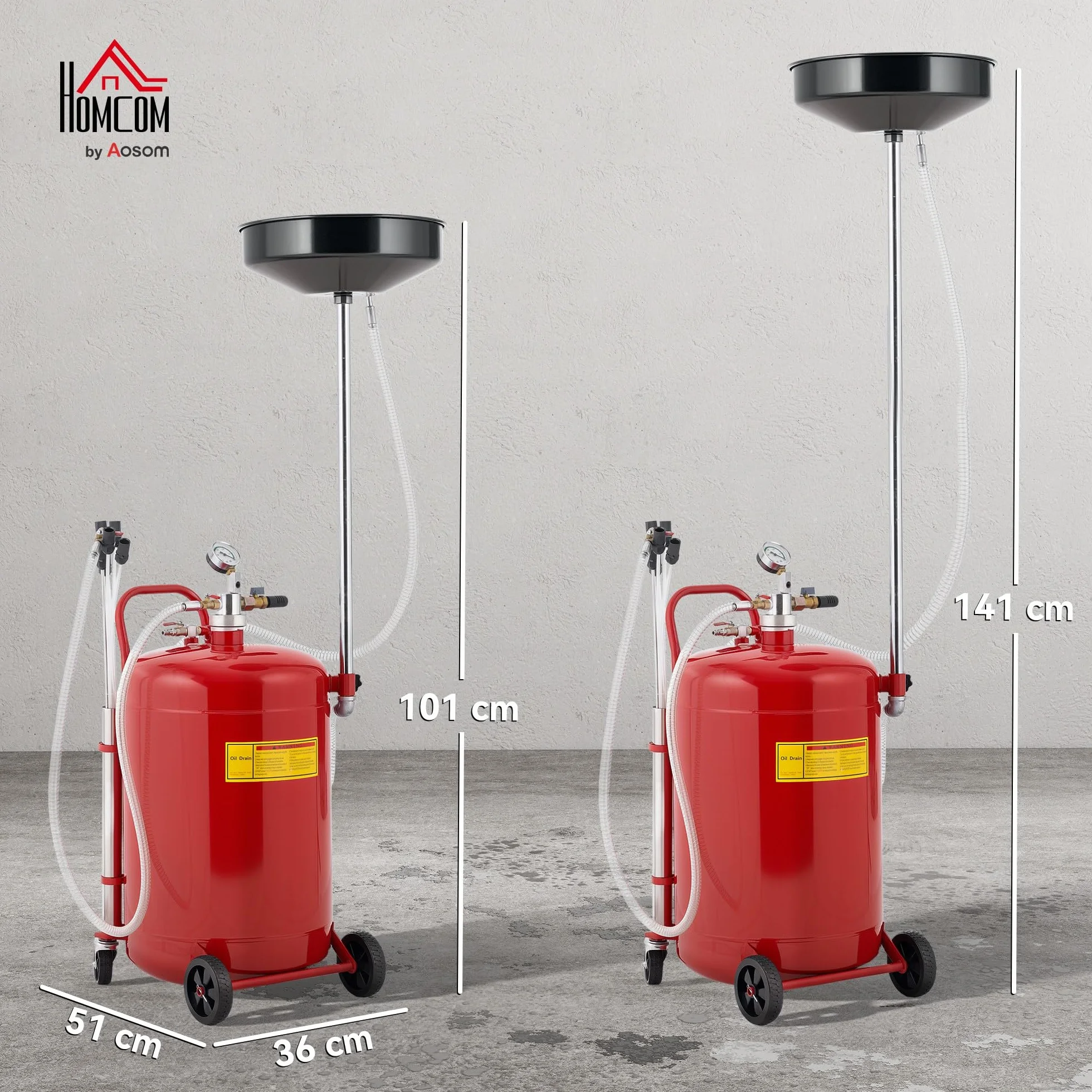 HOMCOM Carrello per svuotamento e recupero di olio usato 80 L, Altezza regolabile 101-141 cm, Carrello portaolio portatile con ruote e maniglia, Rosso