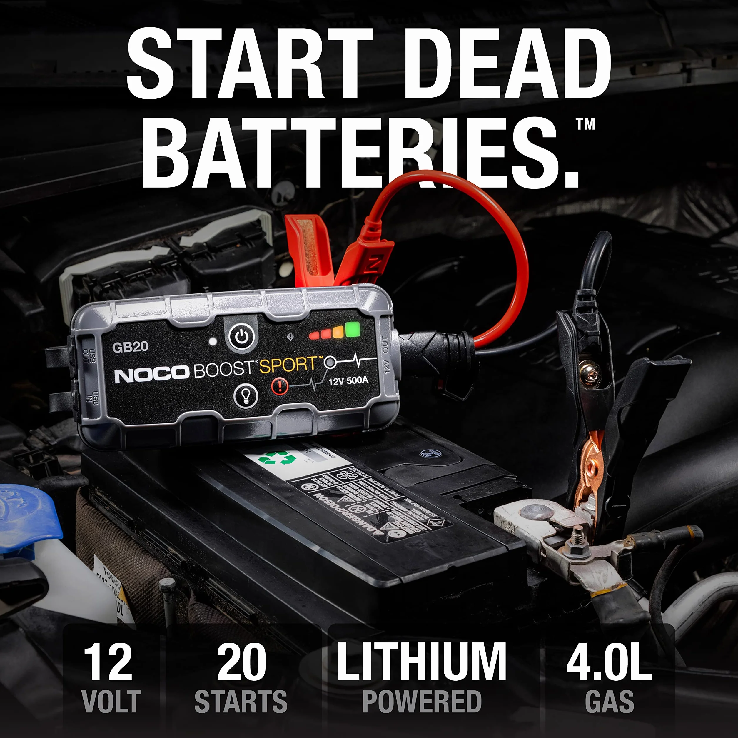 NOCO Boost GB20: Avviatore di Emergenza UltraSafe 500A – Booster Batteria al Litio 12V, Caricabatteria Portatile Power Bank e Cavi Avviamento – Per Motori Benzina fino a 4.0L
