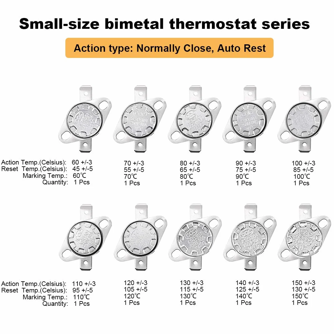 Sourcingmap, set di 10 termostato NC KSD301, 60-150 °C, interruttore di controllo termico 60 70 80 90 100 110 120 130 140 150 °C
