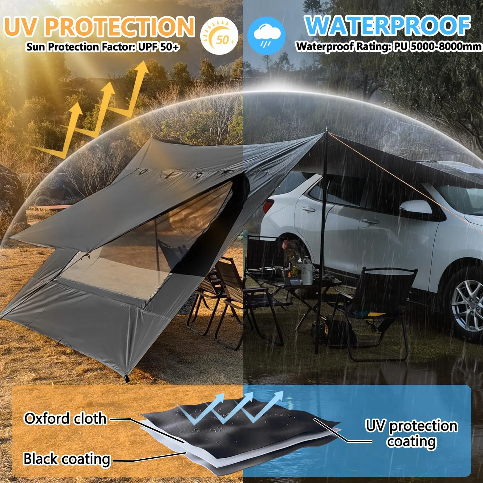 WingFly Tenda Da Campeggio Per Camper, 2,9 X 4,8 M, Tenda Da Sole Impermeabile E Protezione Solare Per Portellone Posteriore, Con Palo (Nero)