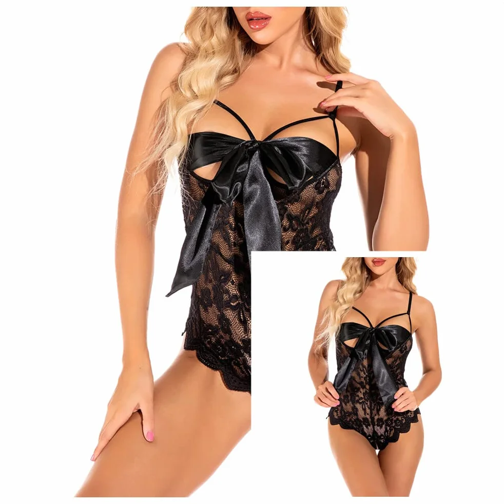 Donna Tuta di Pizzo Set Lingerie un Pezzo Mini Babydoll Orsacchiotto Scollo a V Profondo Nero M
