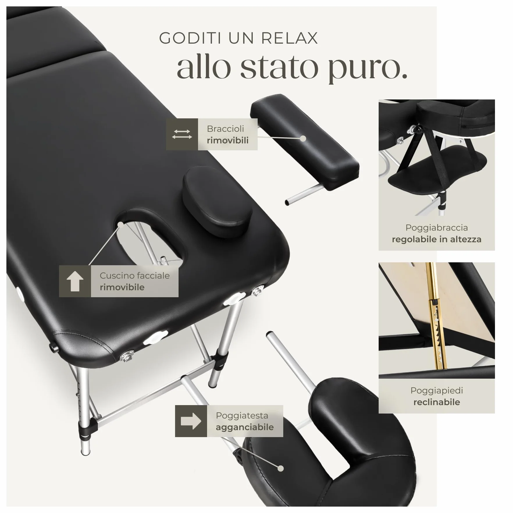 tectake Lettino Massaggio Portatile Pieghevole 3 Zone Professionale con Borsa Trasporto 61 cm Nero