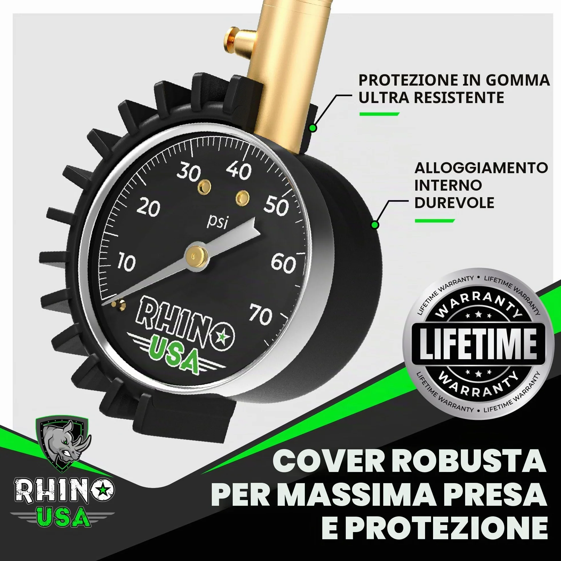 Rhino USA Manometro Pressione Gomme 0-75 PSI - Accuratezza Certificata ANSI B40.1, Quadrante 5 cm - Manometro Auto Camion Moto