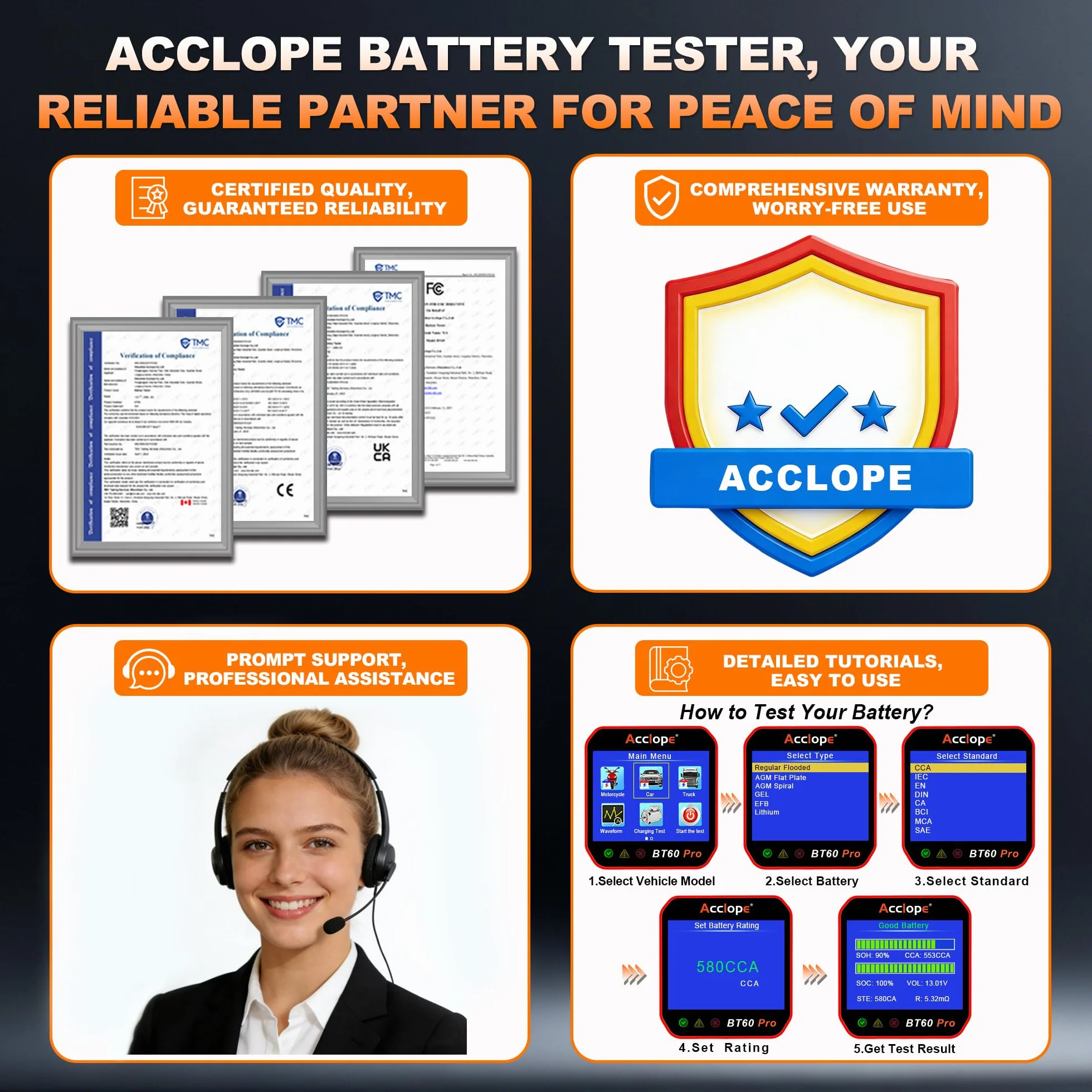 BT60 Pro Tester Digitale per Batterie Auto, CCA 100-3000, Analizzatore 6V 12V 24V, Sistema di Diagnostica Alternatore per Auto, Moto, Camion, Compatibile con AGM, Litio, Gel