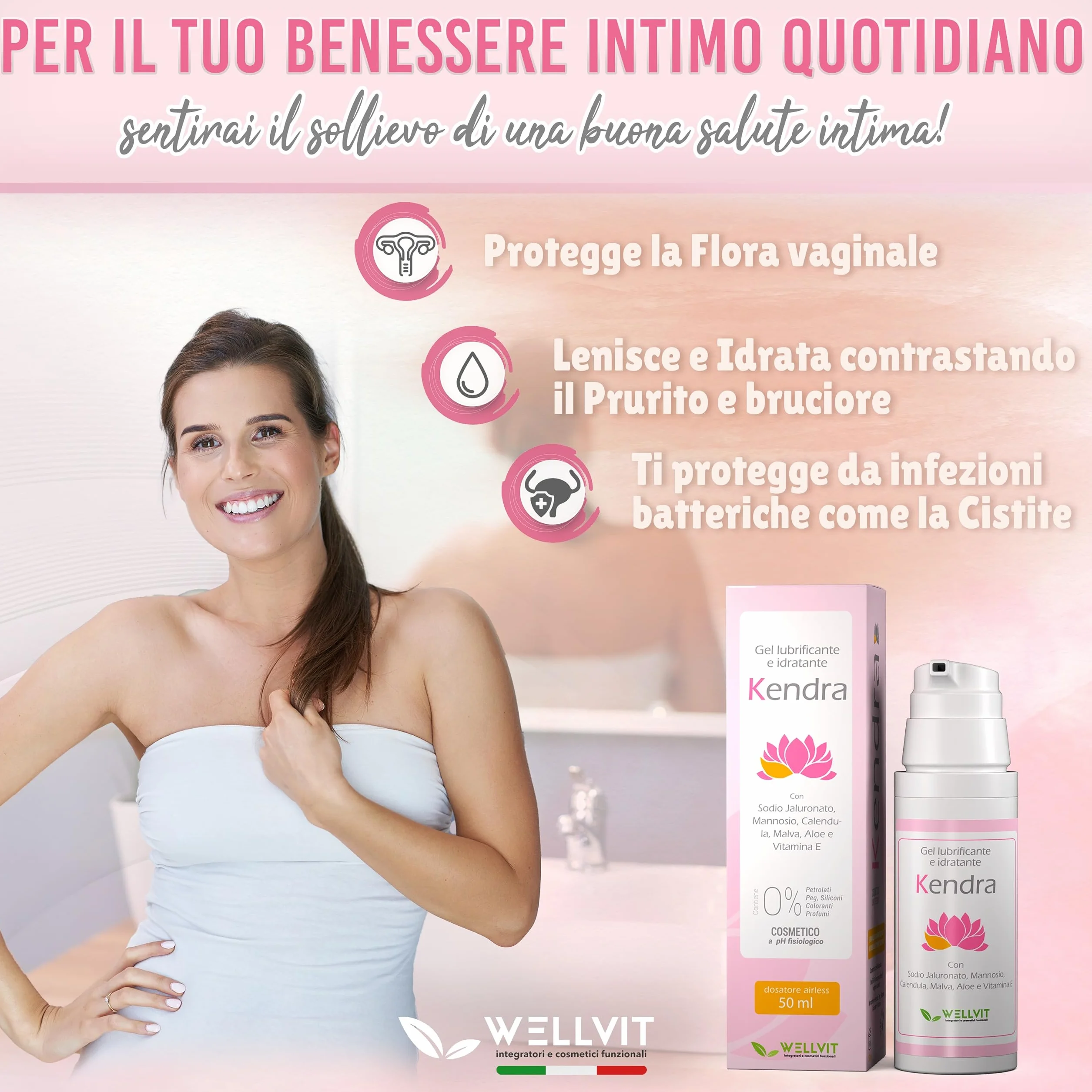 KENDRA Pregiato Lubrificante Intimo all'Acqua Idratante 100% Naturale, Gel Lubrificazione Vaginale con D Mannosio, Made in Italy 50ml