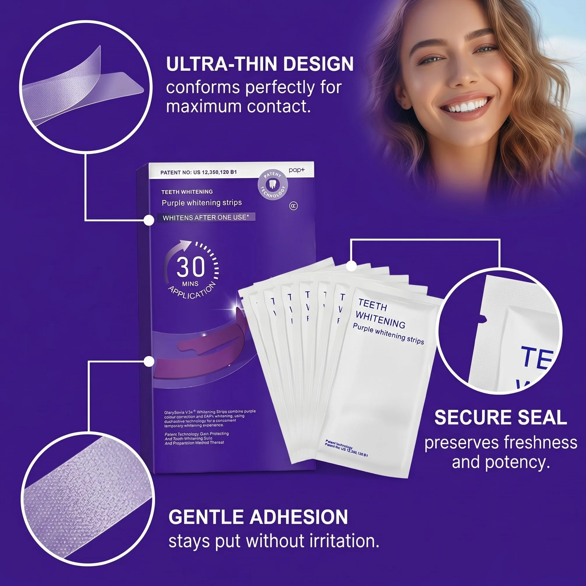 Strisce sbiancanti viola per denti, 14 pezzi, trattamento casalingo con aderenza flessibile
