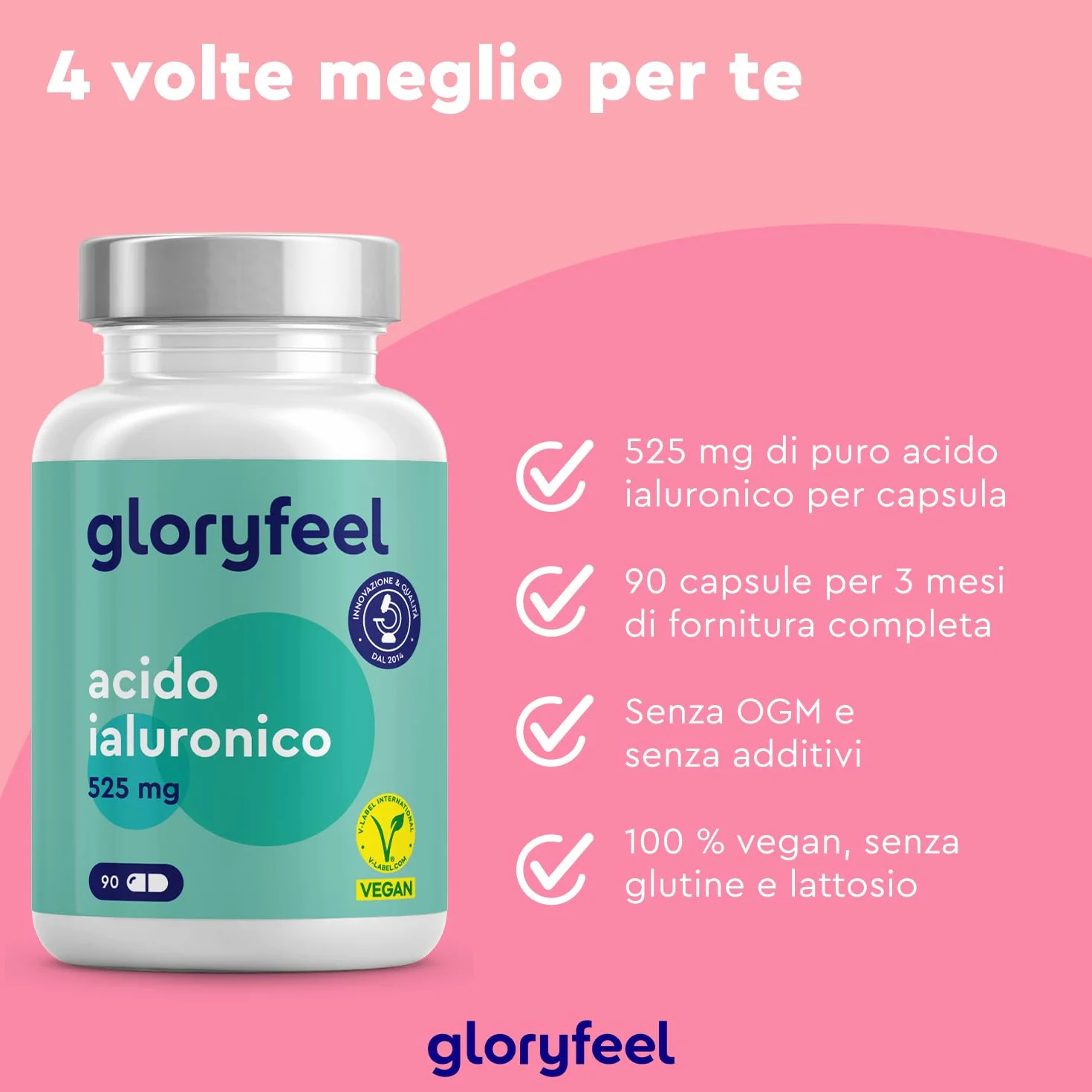 Acido Ialuronico Integratore 525mg Alto Dosaggio 500-700 kDa 90 Capsule Vegan