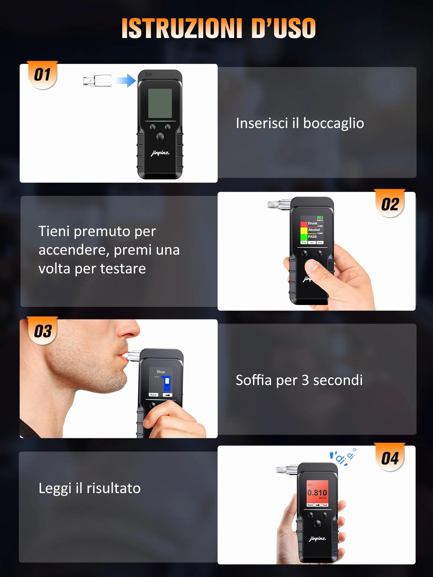 Etilometro Portatile Certificato con Sensore Elettrochimico Professionale Ricaricabile Alcol Test Digitale con Memoria Breathalyzer di Precisione Display LCD Blu