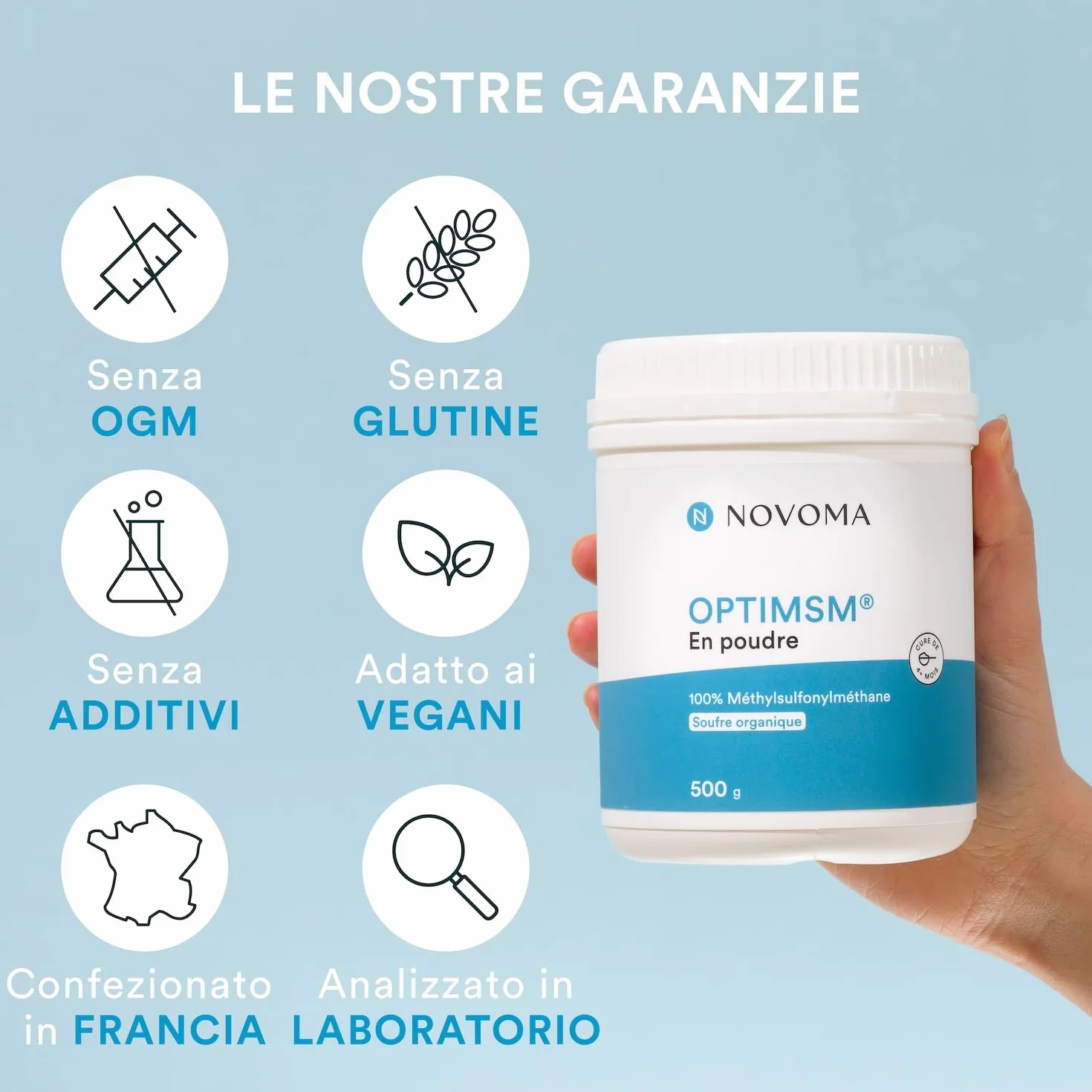 MSM Polvere OptiMSM® 500 g Integratore Vegano Zolfo in Polvere al 99,9% Puro Novoma