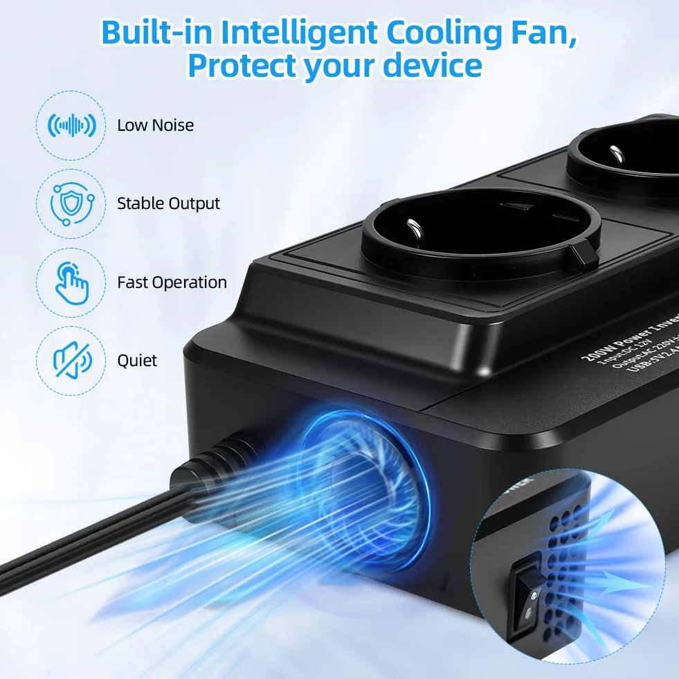 Inverter Auto 12V-220V 200W Convertitore di Tensione con 2 Prese CA e 4 Porte USB Display Digitale