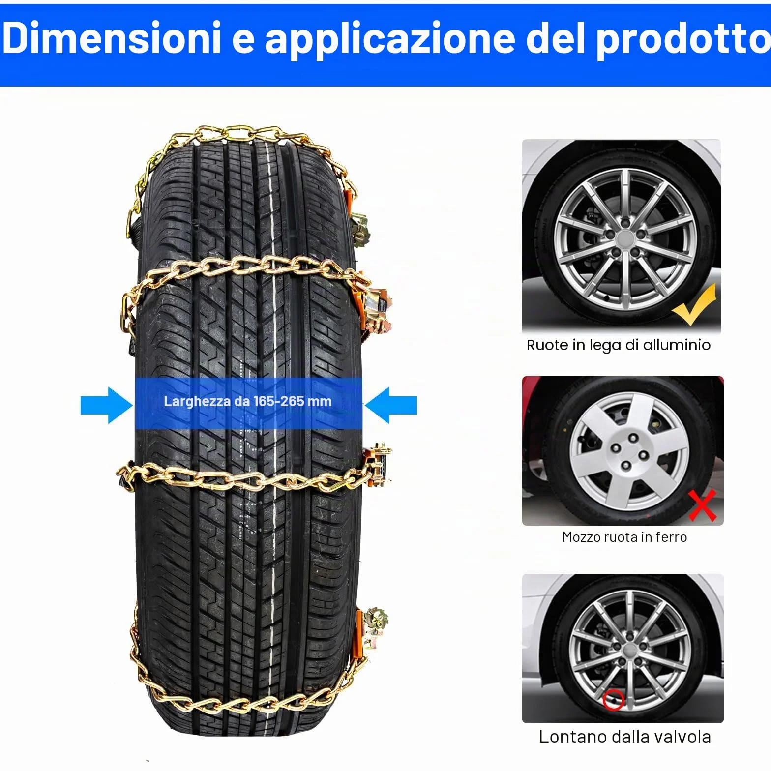 Ninonly Catene da Neve Universali 8Pcs per Auto - Montaggio Facile, Pneumatici 165-265mm, Guanti e Attrezzo Inclusi (Stringere la fibbia)