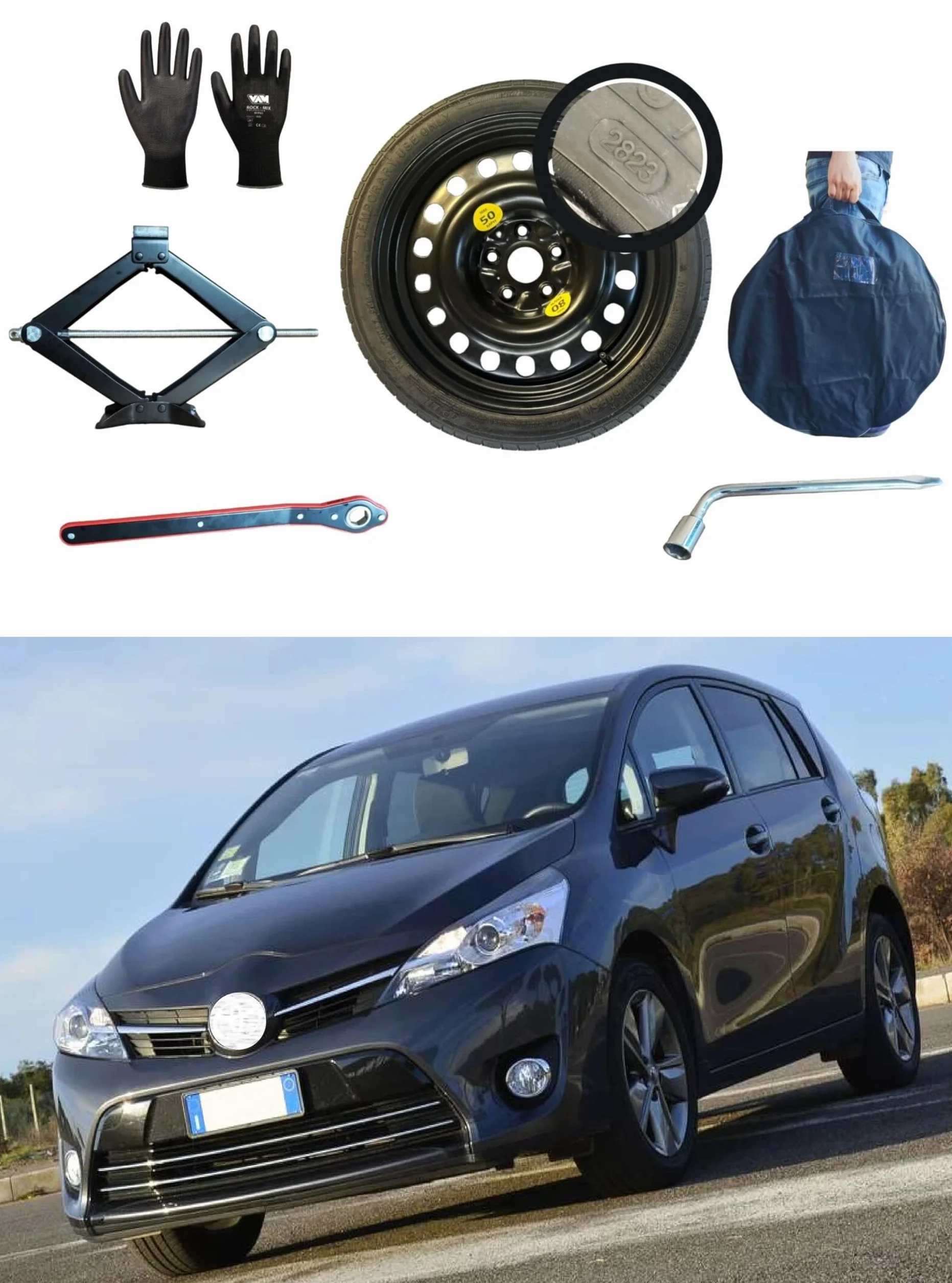 Kit Ruotino di Scorta 15" compatibile Toyota Verso S con Cric e Chiave