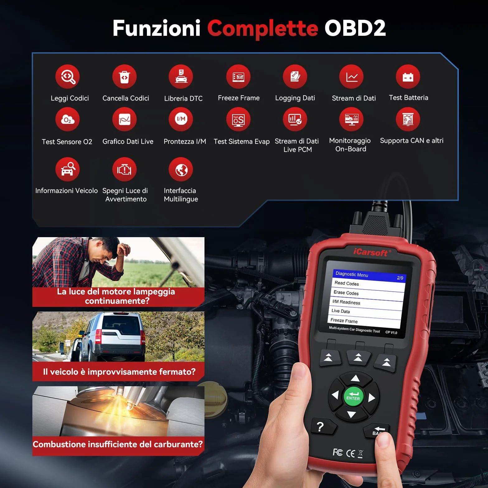 iCarsoft CP V1.0 OBD2 Diagnostica Auto Professionale Italiano per Marchi Francesi e Italiani