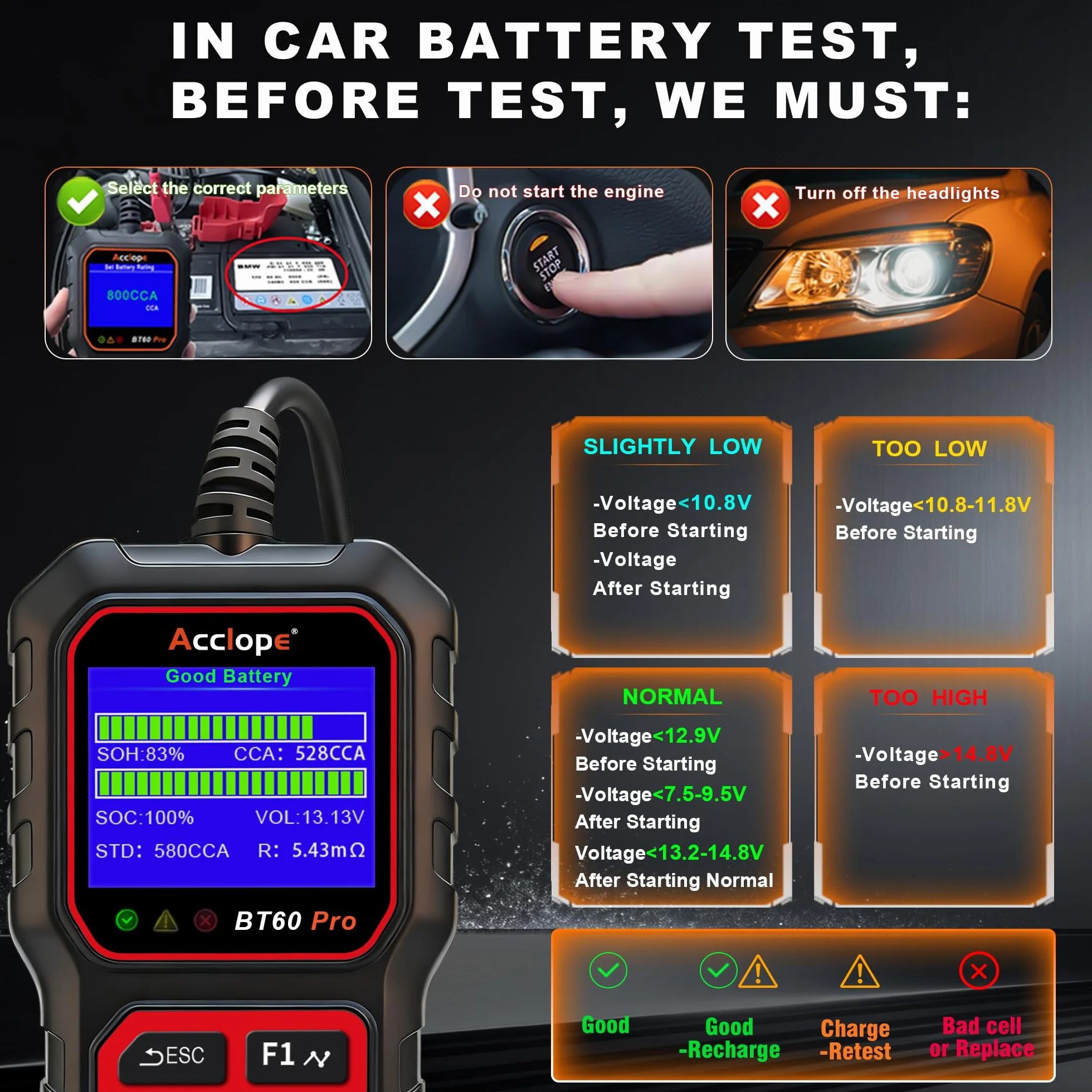 BT60 Pro Tester Digitale per Batterie Auto, CCA 100-3000, Analizzatore 6V 12V 24V, Sistema di Diagnostica Alternatore per Auto, Moto, Camion, Compatibile con AGM, Litio, Gel