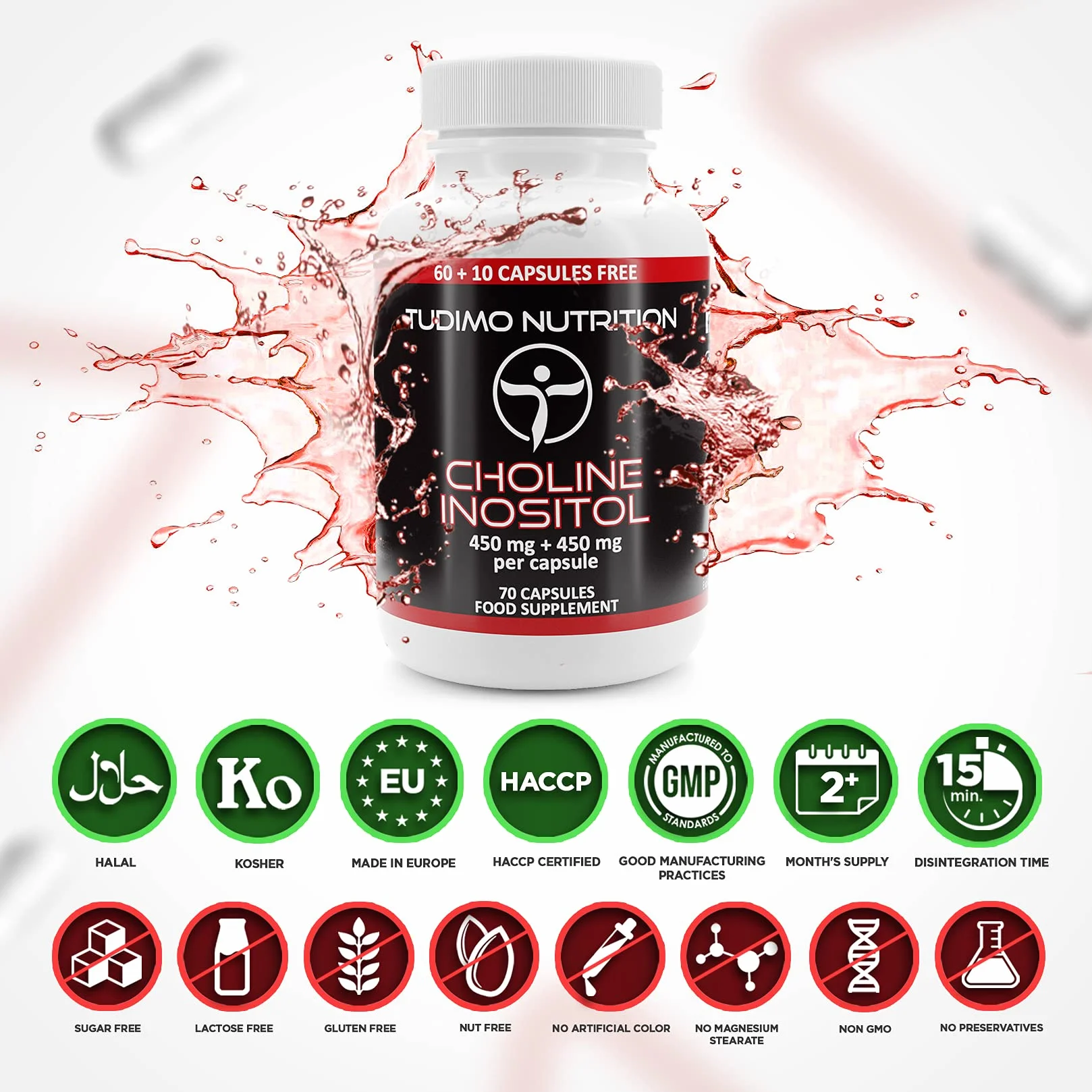 Colina e Inositolo Integratore Alto Dosaggio 900mg 70 Capsule Bitartrato di Colina Inositol Polvere Pura
