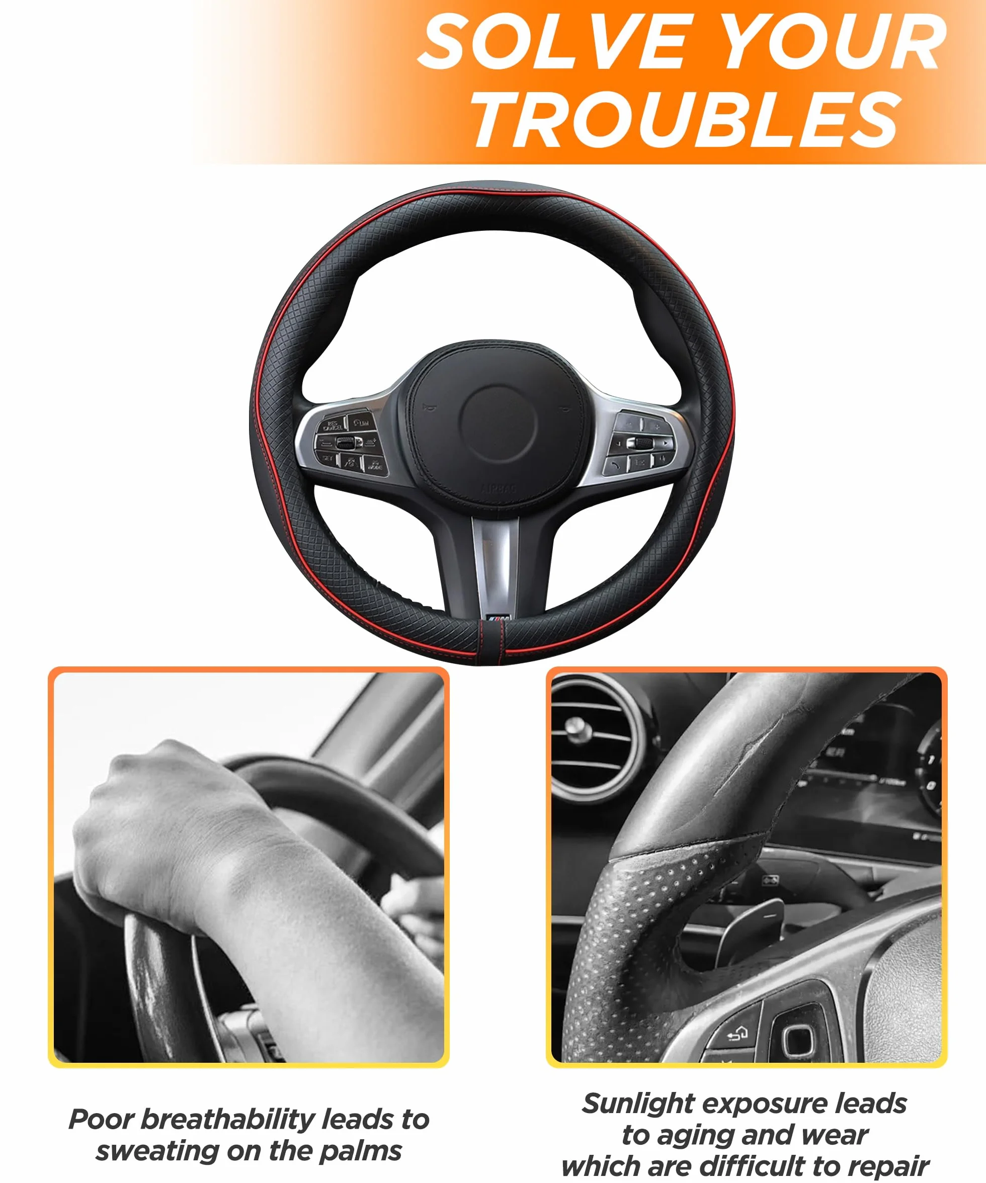 Flaconi Copri Volante per Auto,Coprivolante Auto,Accessori Autos Interno,Coprivolante in Finta Pelle,Copri Sterzo Traspirante,Adatto a Volanti con Diametro Esterno da 37 a 38 cm (Nero)