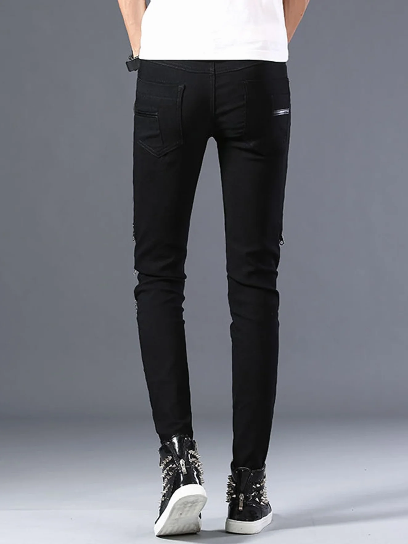 Idopy Pantaloni elasticizzati da uomo jeans da motociclista con borchie punk gotico
