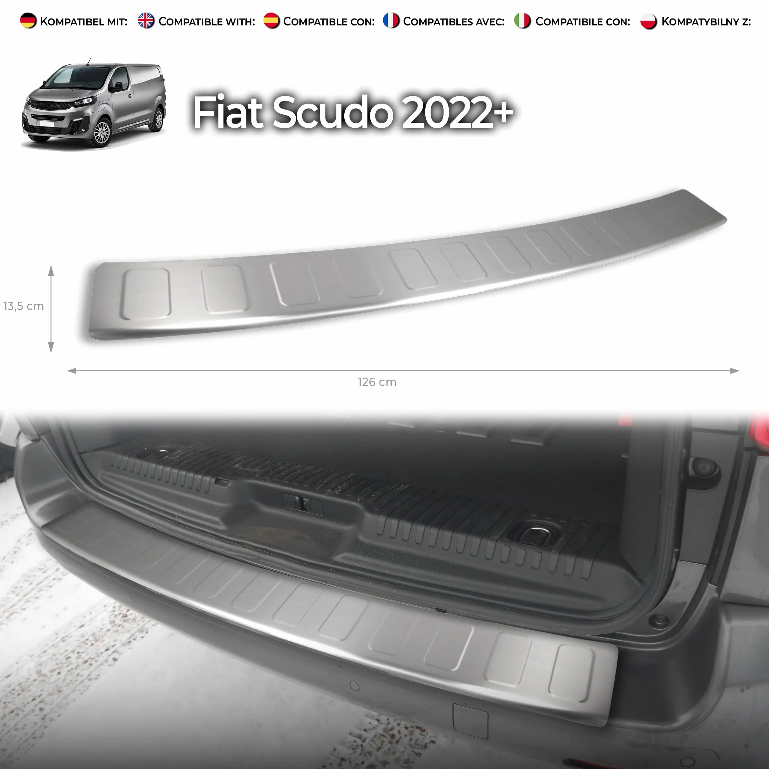 CHROMEMASTER - Accessori per Auto; Protezione paraurti Posteriore - Compatibile con Fiat Scudo dal 2022 | Acciaio inossidabile spazzolato - Protezione Paraurti Protegge la Vernice del Paraurti