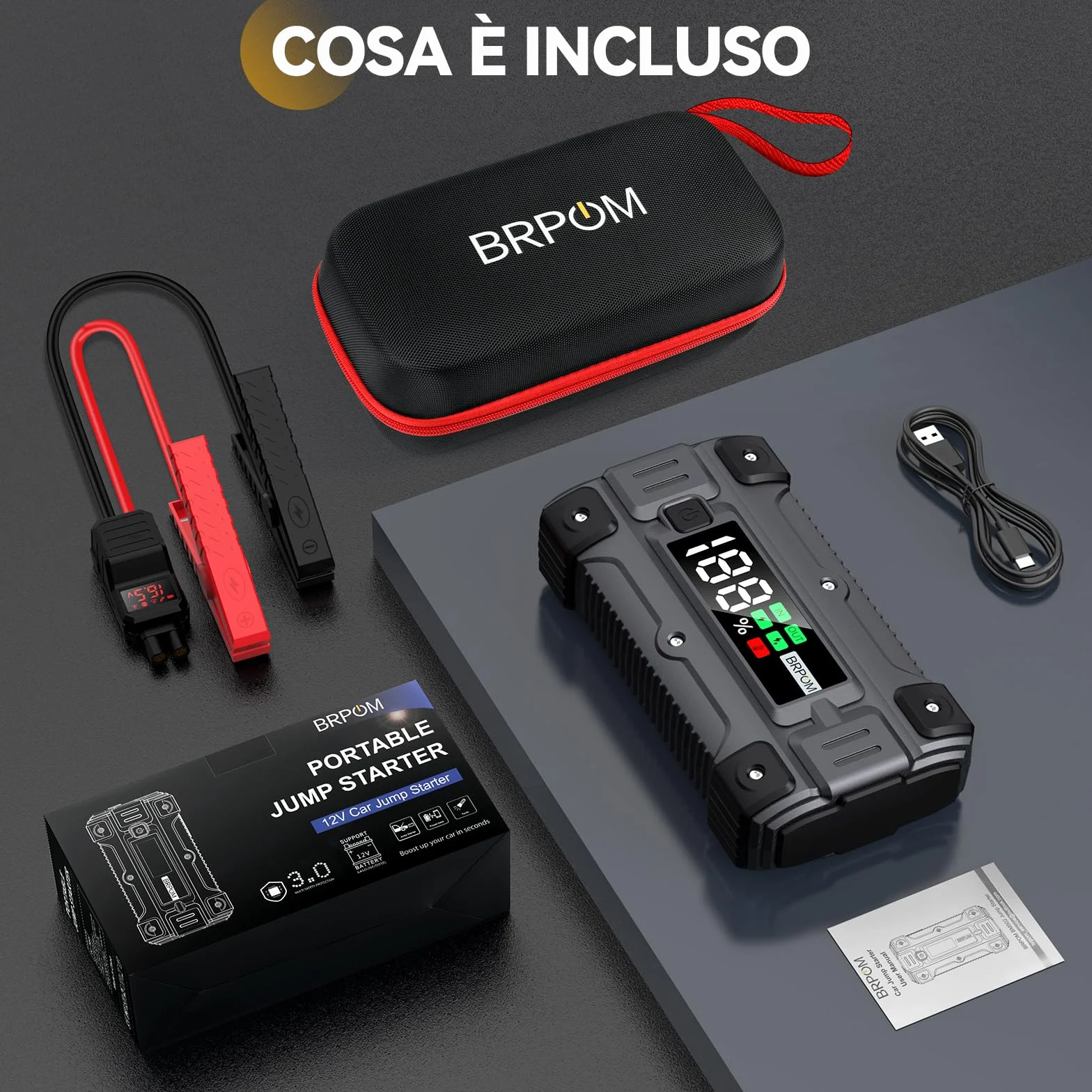 BRPOM Avviatore Batteria Auto 9000A 26800mAh Booster Avviamento con Torcia LED USB Quick Charge 3.0