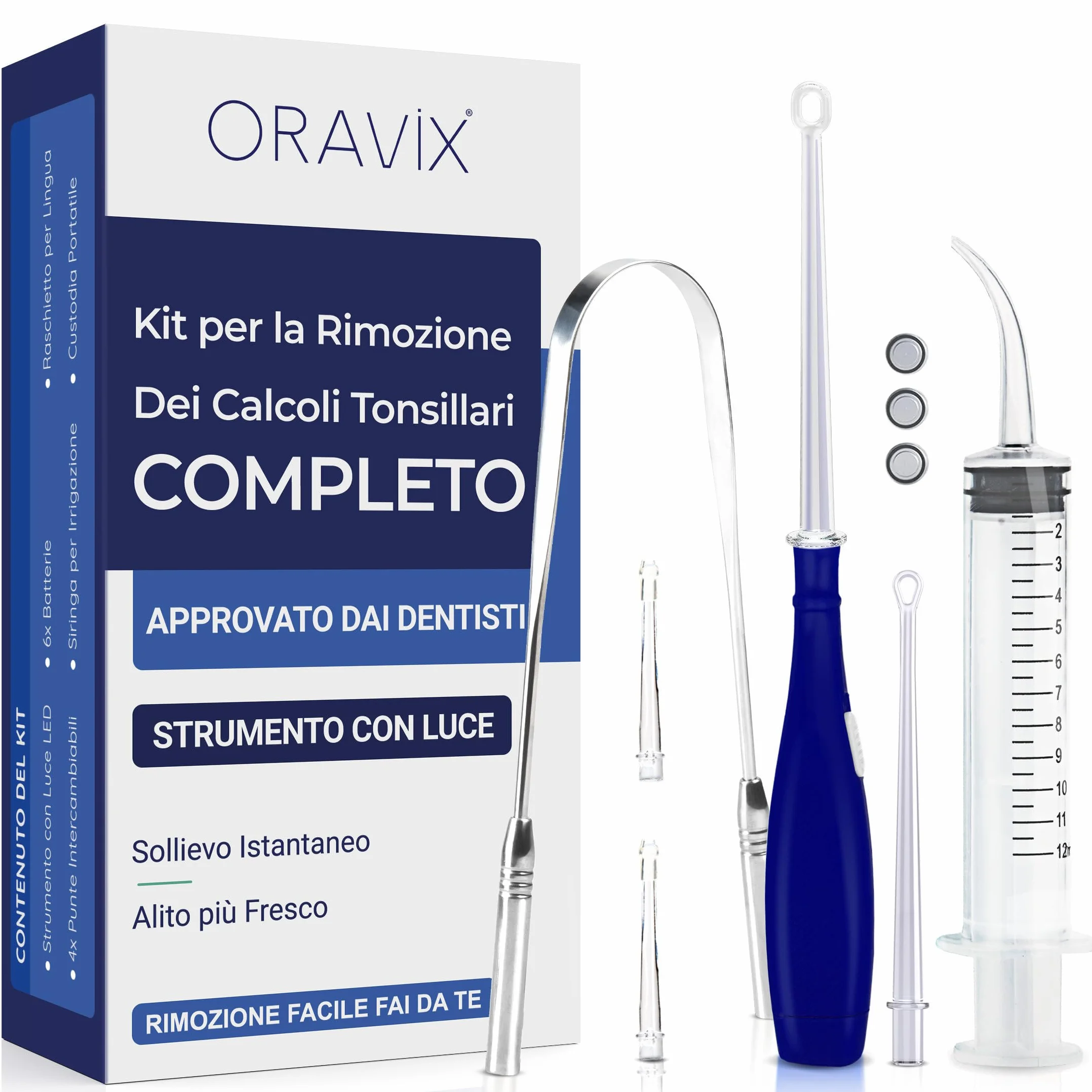 ORAVIX Kit per rimuovere calcoli tonsillari con luce LED, 3 beccucci, siringa e raschietto per lingua