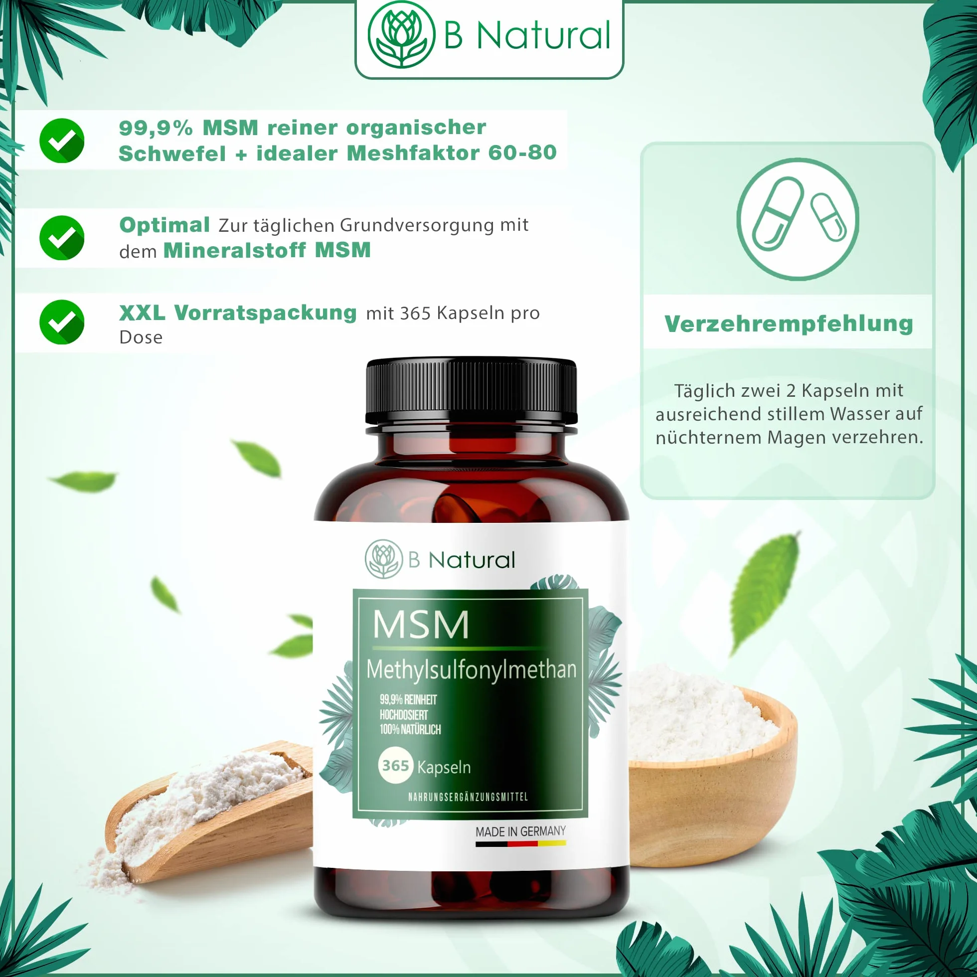 MSM 365 Capsule 99,9% puro metilsulfonilmetano ad alto dosaggio capsule vegane