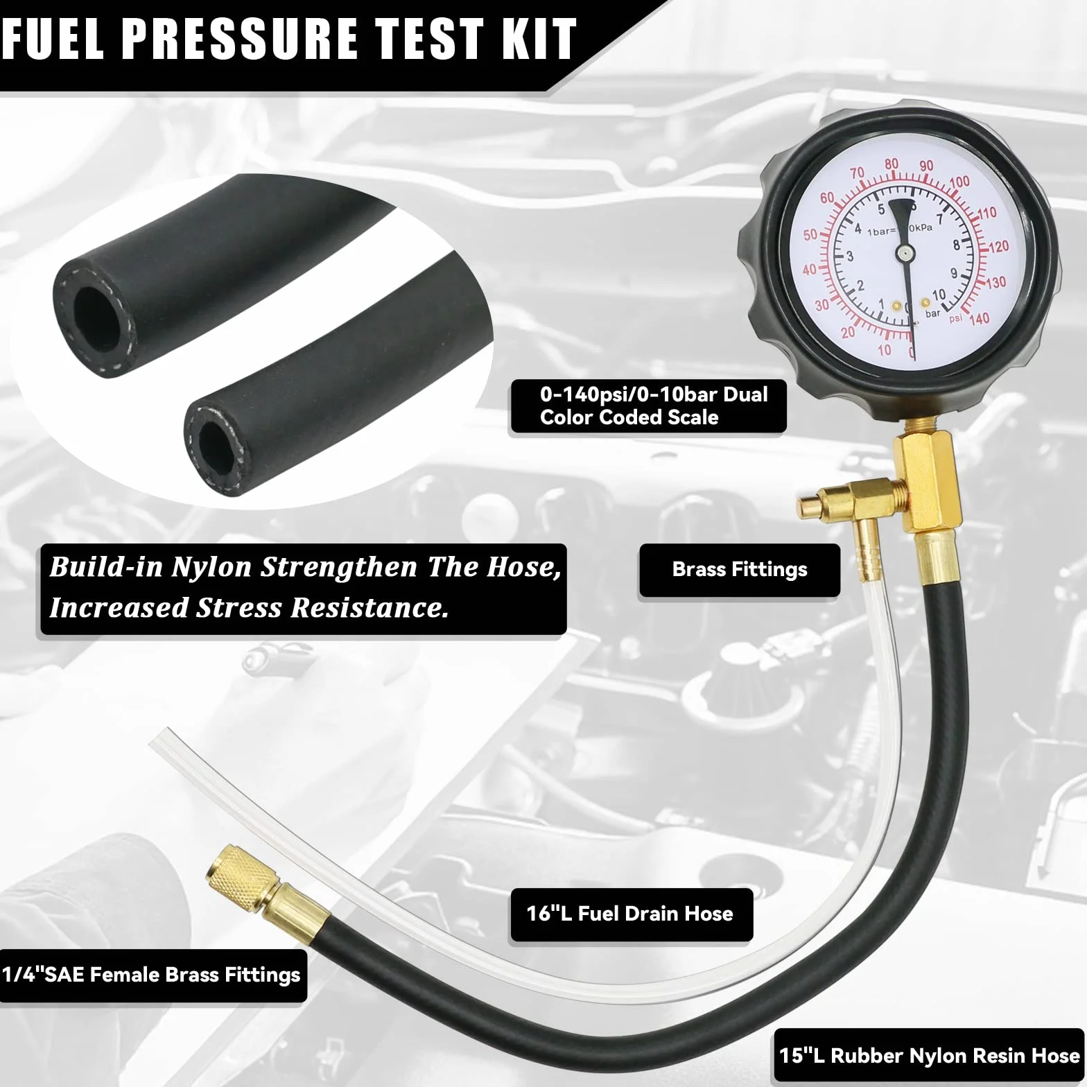 0-140PSI pompa di iniezione, tester di pressione del carburante, kit universale per pompa del carburante, tester di pressione per benzina, auto, camion, moto, strumento diagnostico