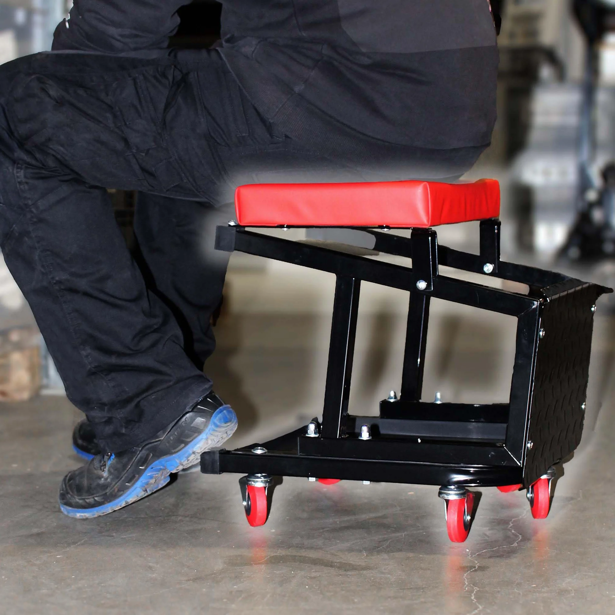Wiltec Sgabello da Officina con Ruote 2in1 Portata 160 kg carrello e scaletta