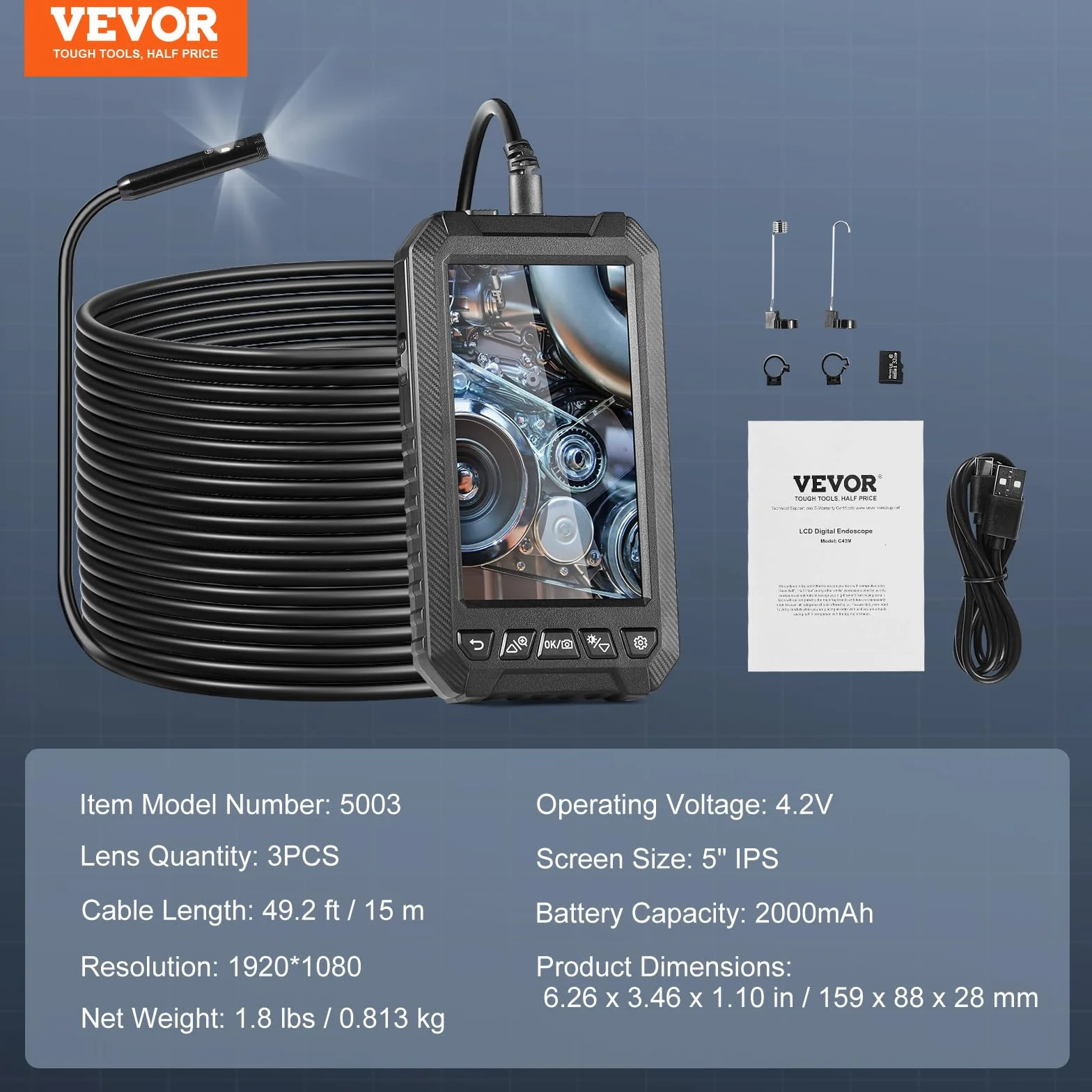 VEVOR Telecamera Endoscopica Boroscopio Tripla Lente Cavo 15 m Scheda 32 GB Schermo 127 mm 1080P IP67 Impermeabile Ispezione