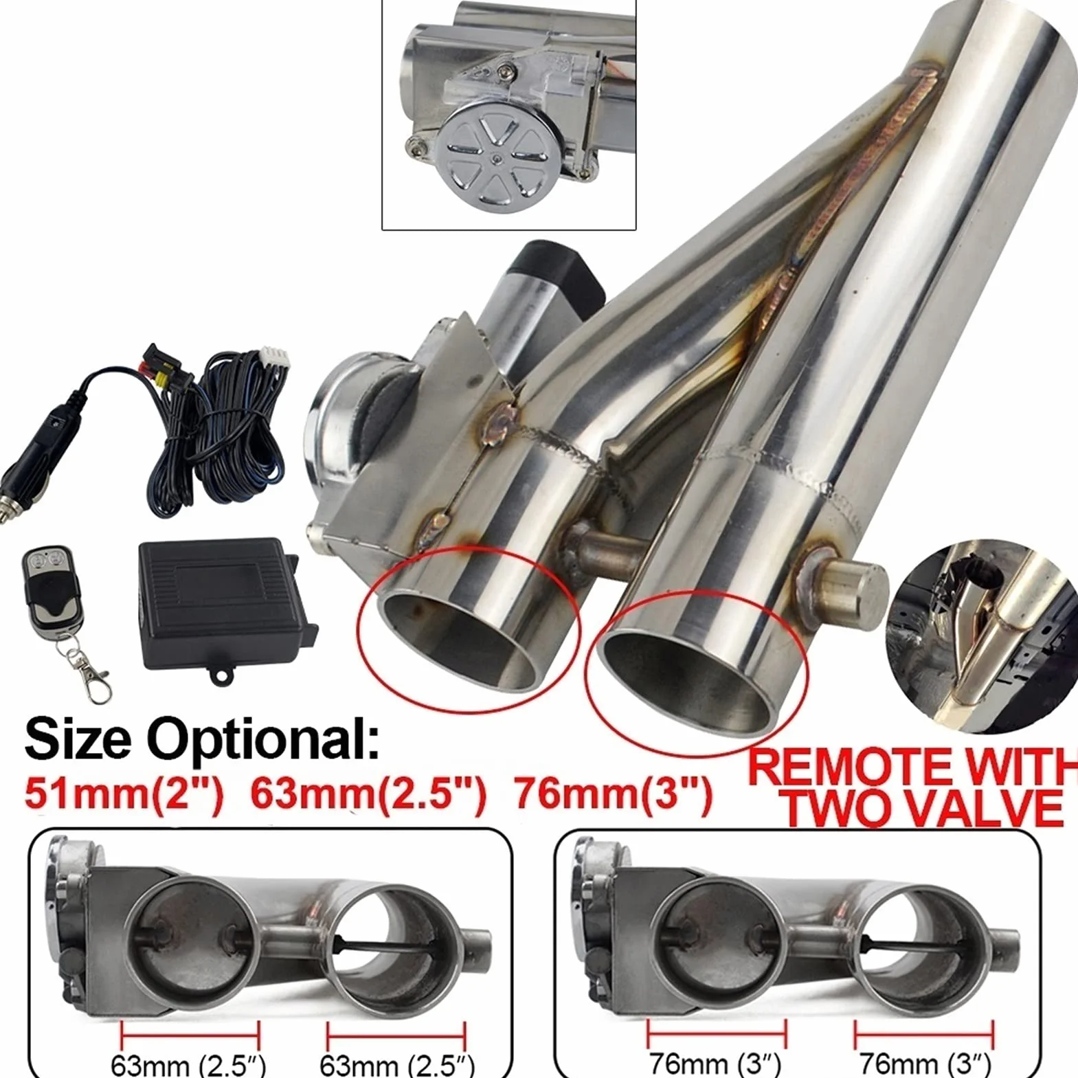 Silenziatori Valvola Doppia Con Telecomando Wireless Valvola Di Intercettazione Tubo Di Scarico Elettrica Kit Marmitta Tubo Di Scarico Universale 2" 2,25" 2,5" 3". Terminali Scarico