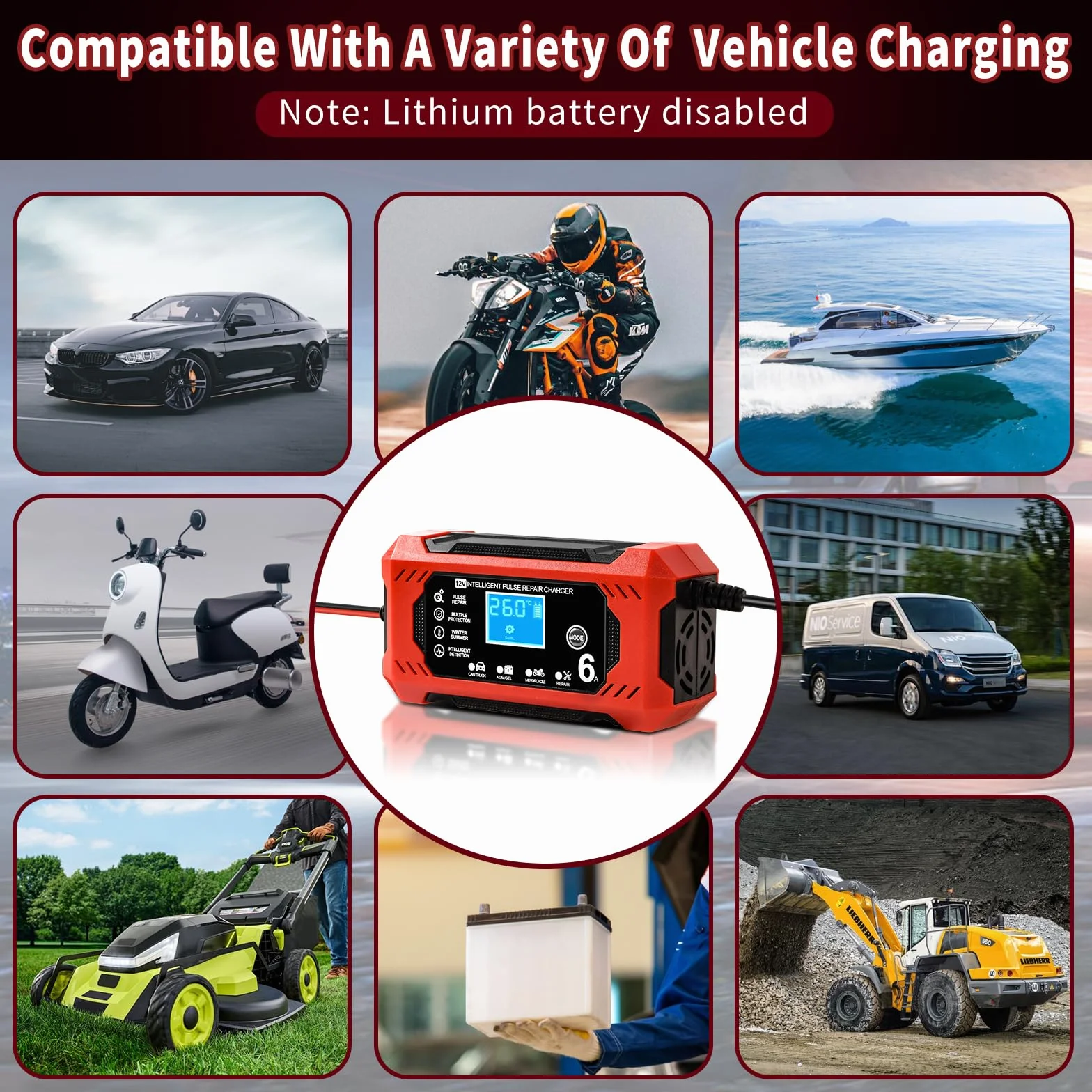Caricabatterie Auto 6A 12V Mantenitore Batteria Moto con Schermo LCD per Auto Moto Barche AGM