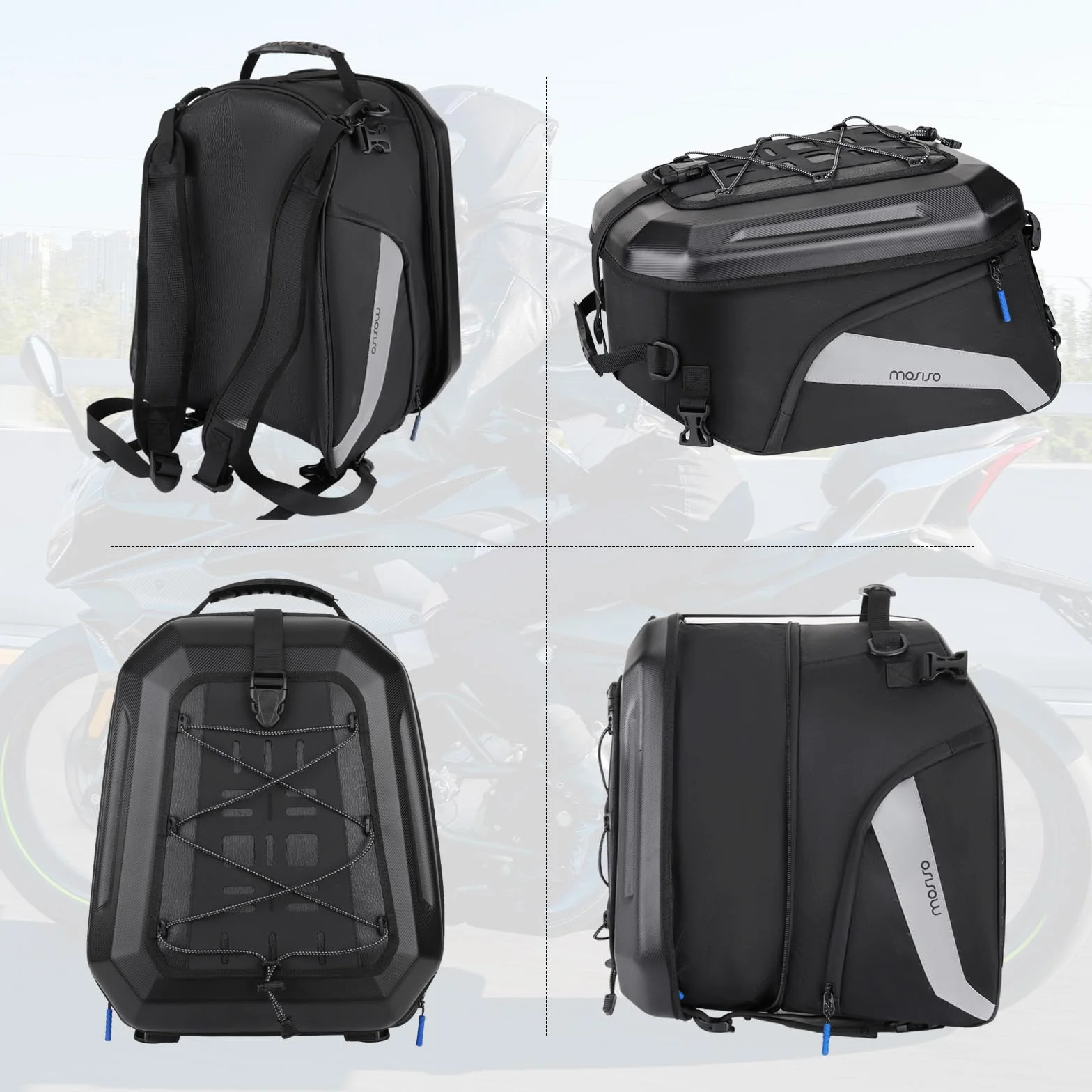 MOSISO Borsa Sella Moto, Zaino Convertibile Moto, Borse Casco con Capacita Espandibile 25L-35L,Borsa Trasporto Attrezzi&Bagagli Sedile Posteriore Della Motociclo con Maniglia&Strisce Riflettenti, Nero