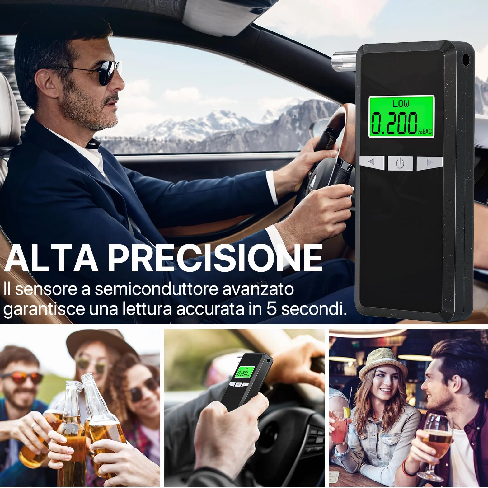 Etilometro Portatile Certificato, Altamente Preciso Alcol Test con Display LCD Blu,Ideale per Uso Domestico e Feste, con 10 Boccagli Inclusi
