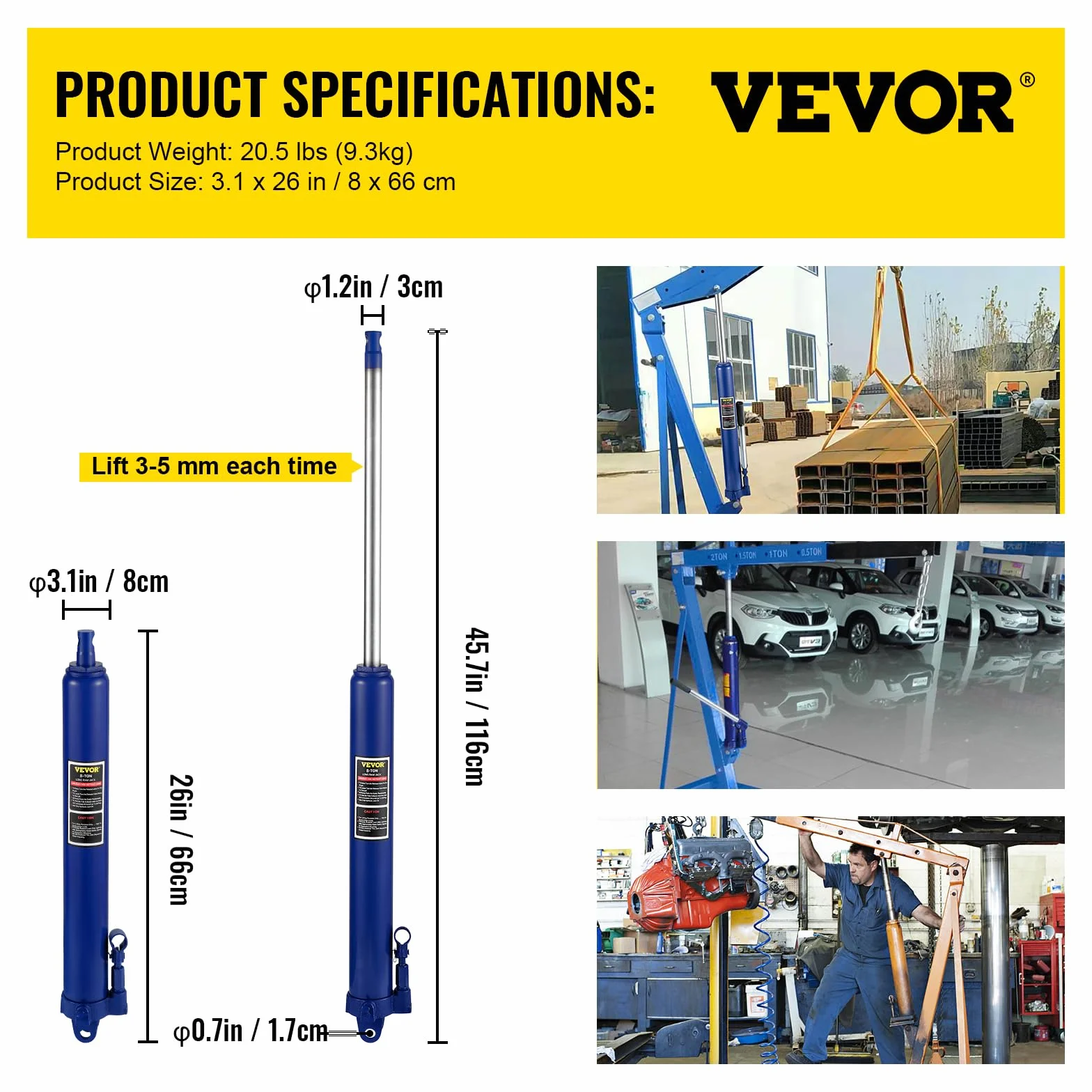 VEVOR Cric idraulico a pistone lungo, capacità 8 tonnellate, con pompa a pistone singolo e base a forcella, per gru da garage/negozio, paranco di sollevamento motore, blu