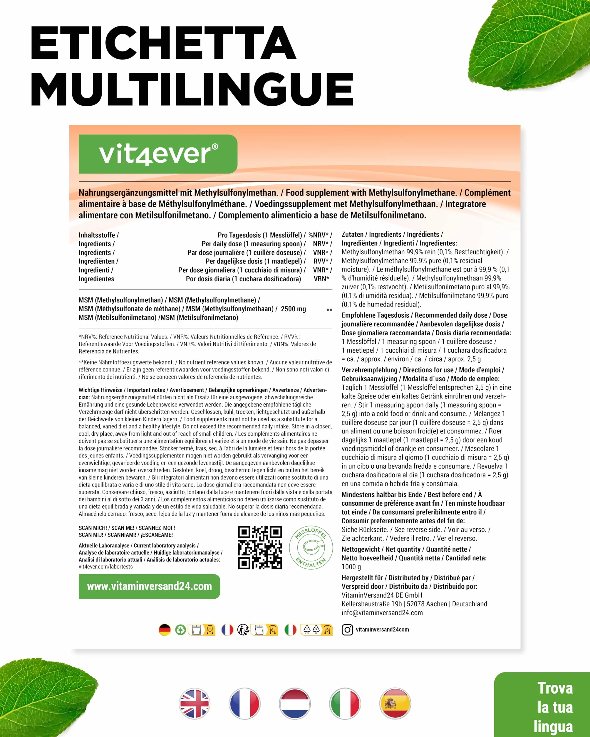 Polvere di MSM 1 kg 99,9% Metilsulfonilmetano Cristallino Puro Fattore Mesh 40-80 Zolfo Organico Vegano