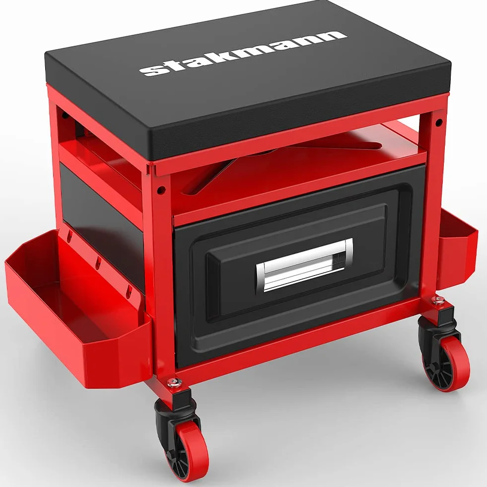 Sgabello Mobile da Officina con Cassetto, Vani e Vassoio Porta Attrezzi e Viti, Sedia per Maccanico Officina Portattrezzi, Ruote Girevoli a 360°, Seduta Imbottita e Struttura Acciaio, capacità 136kg