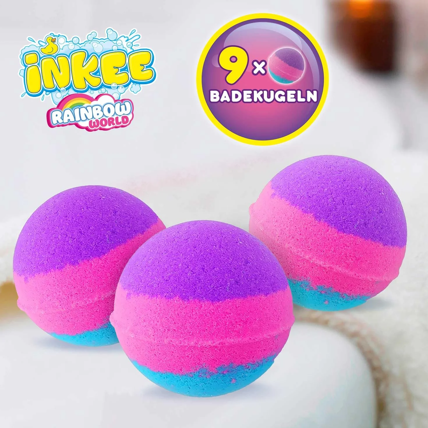 INKEE 9 Palle da Bagno per Bambini Bombe da Bagno Colorate 3 Strati Rosa Viola Blu Zucchero Filato Olio di Argan
