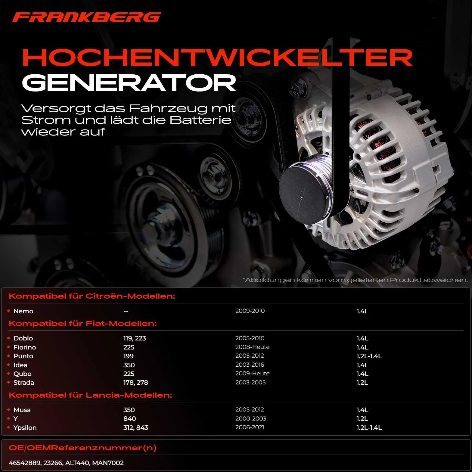 Frankberg Generatore Alternatore Benzina Compatibile con 169 1.1L-1.4L Punto 188 1.2L-1.4L Punto 199 1.4L Replace# 23266,46542889