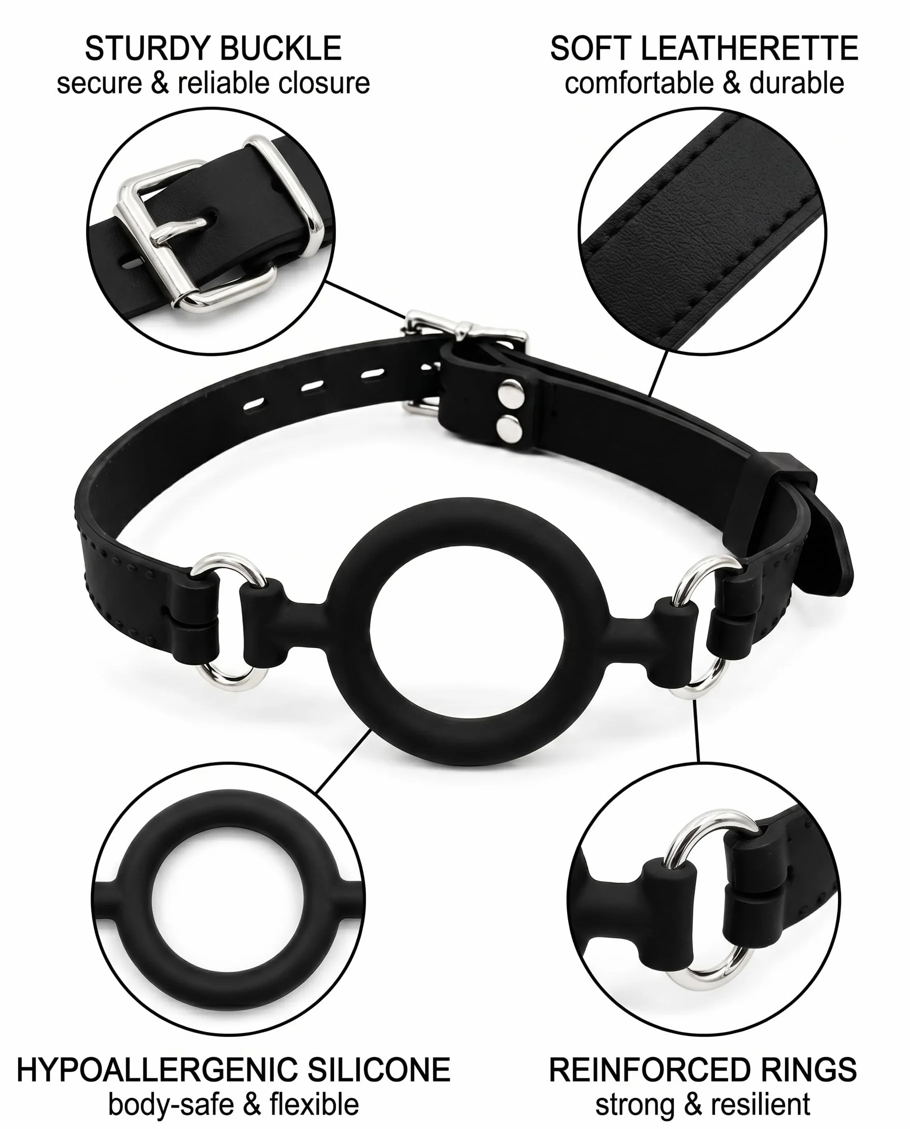 Gag per Bocca O-Ring Nero Regolabile BDSM Bondage Giocattolo Sessuale per Adulti Esperienze Fetish