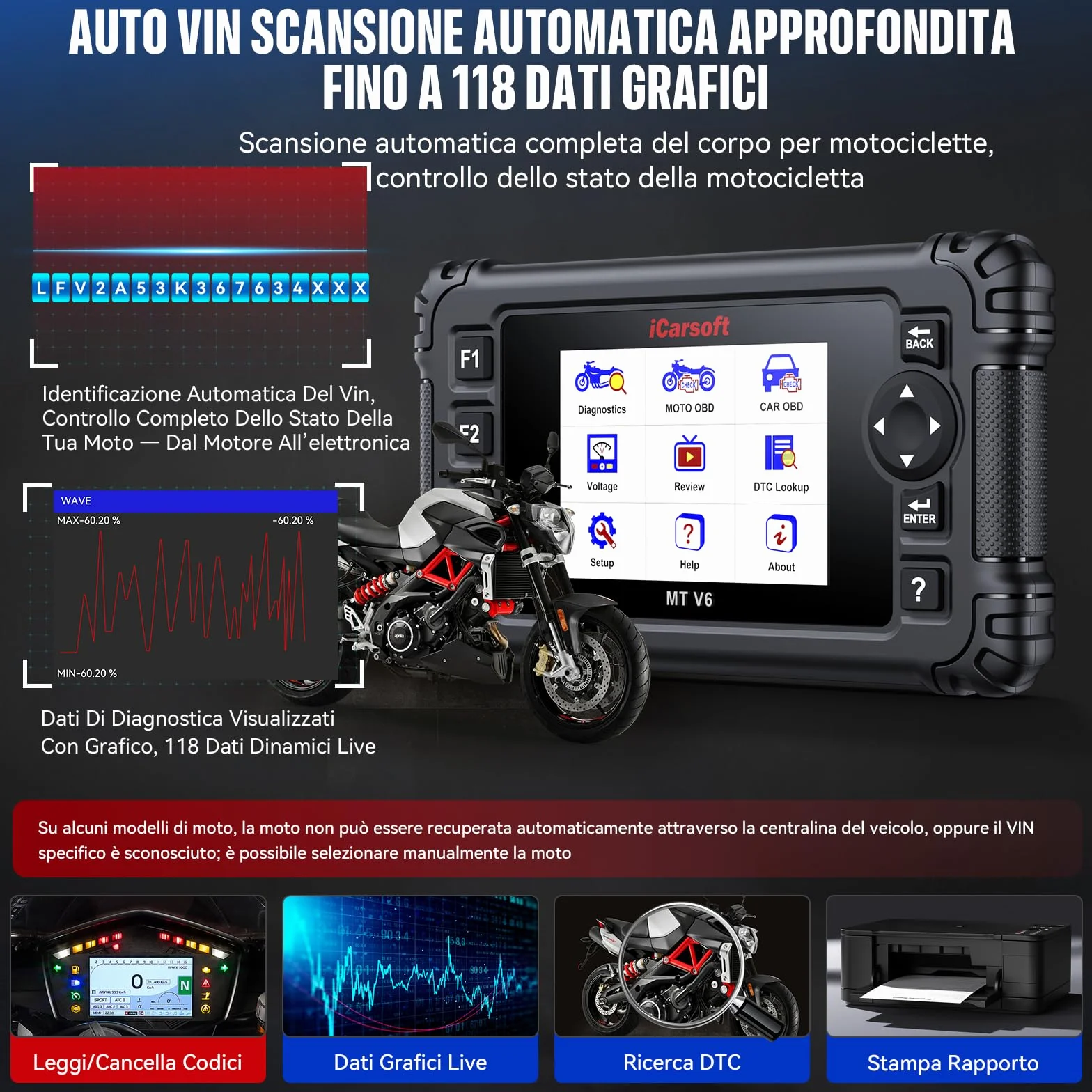 iCarsoft MT V6 Diagnostico per moto Aprilia, 88 servizi di manutenzione, 123 test bidirezionali