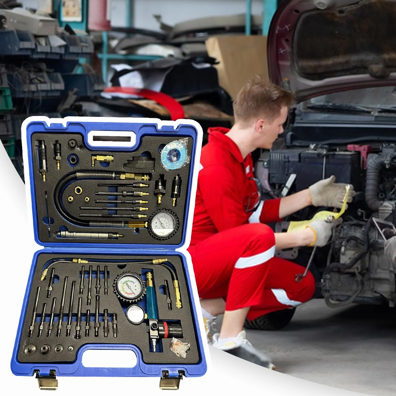 Tester Compressione, 46PCS Tester Compressione Diesel Benzina Perdita Pressione Compatibile Con Motori Diesel Benzina Auto Camion Autobus Motori Navi Agricole