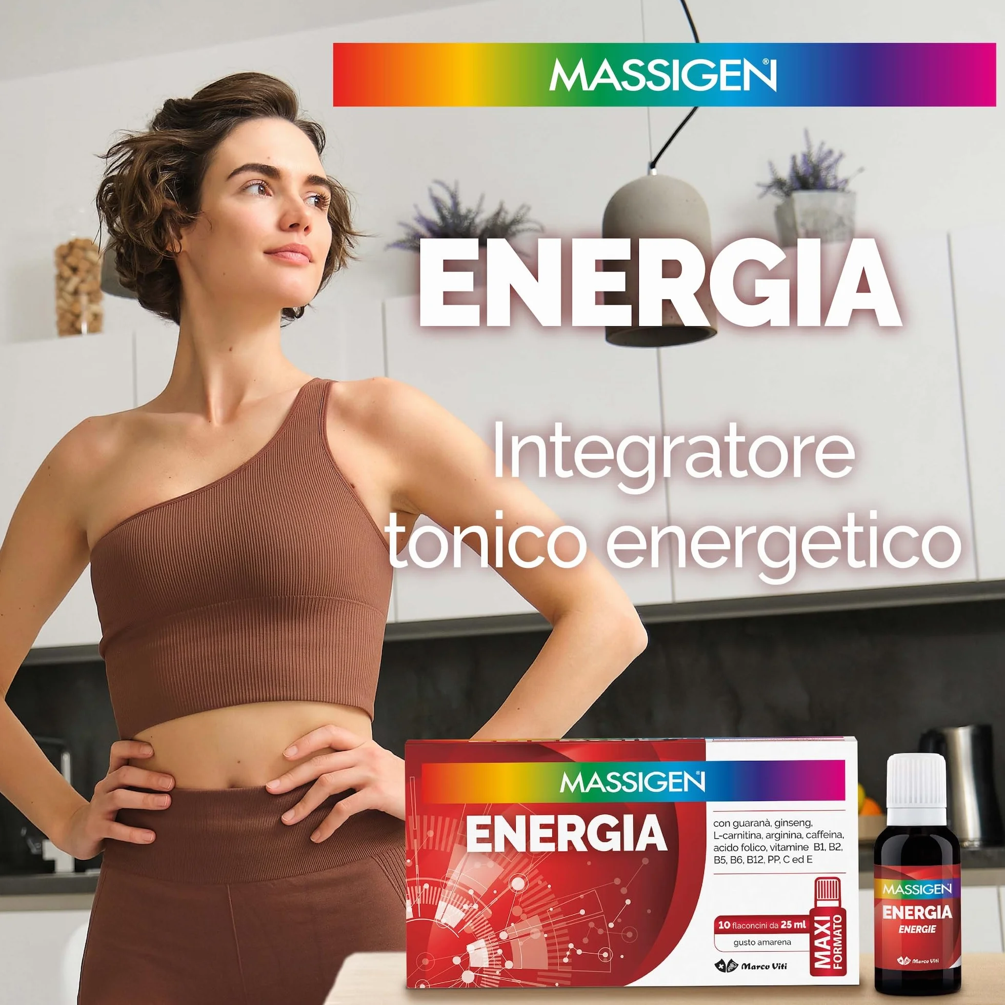 Massigen Tonico Energia Integratore Energetico con Ginseng e Guaranà 10 Flaconcini 25 ml Senza Glutine