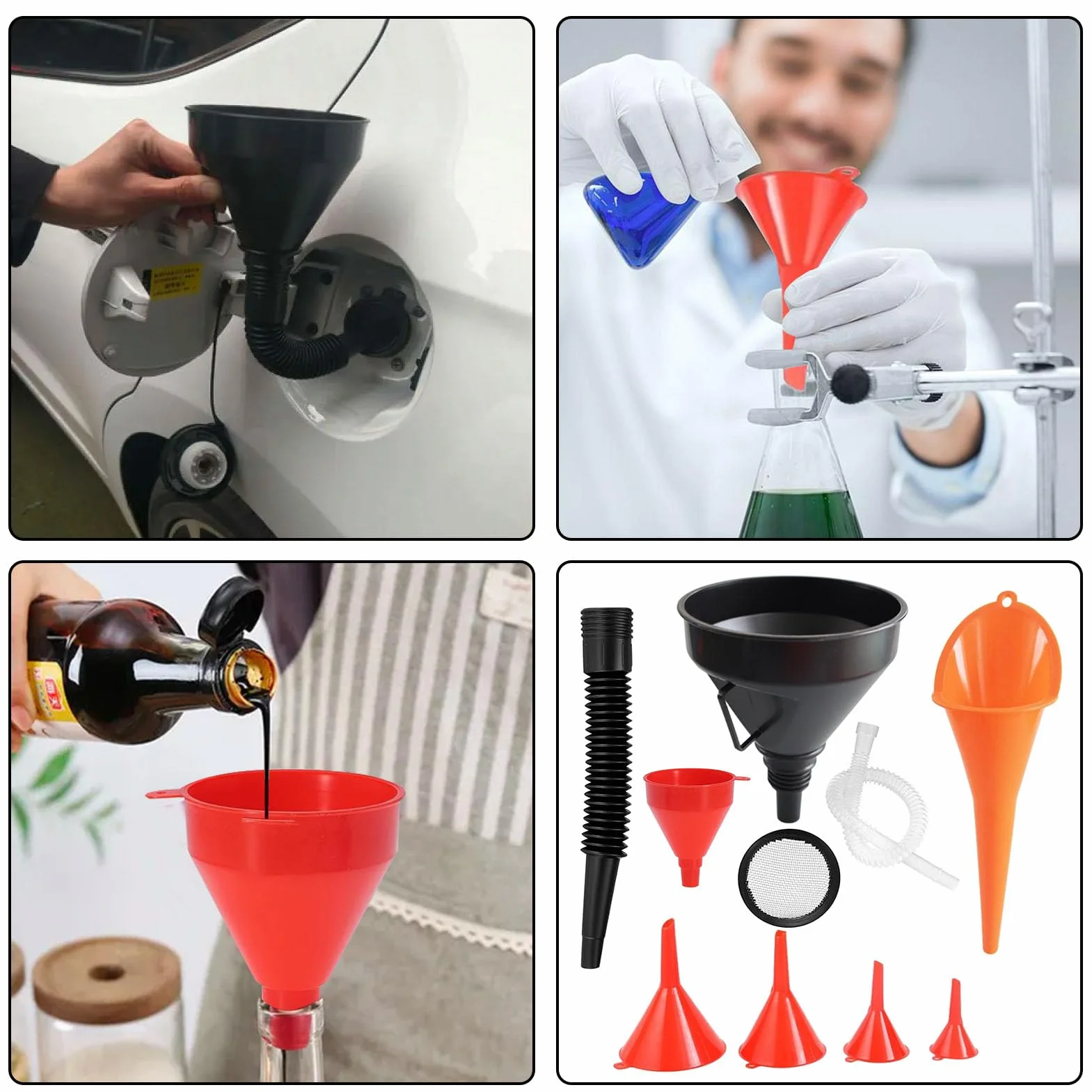 Imbuto Olio Motore 7 Pezzi, Benzina Imbuti Plastica Travasatore Becco Lungo Universale Kit con Filtro e Tubo Flessibile