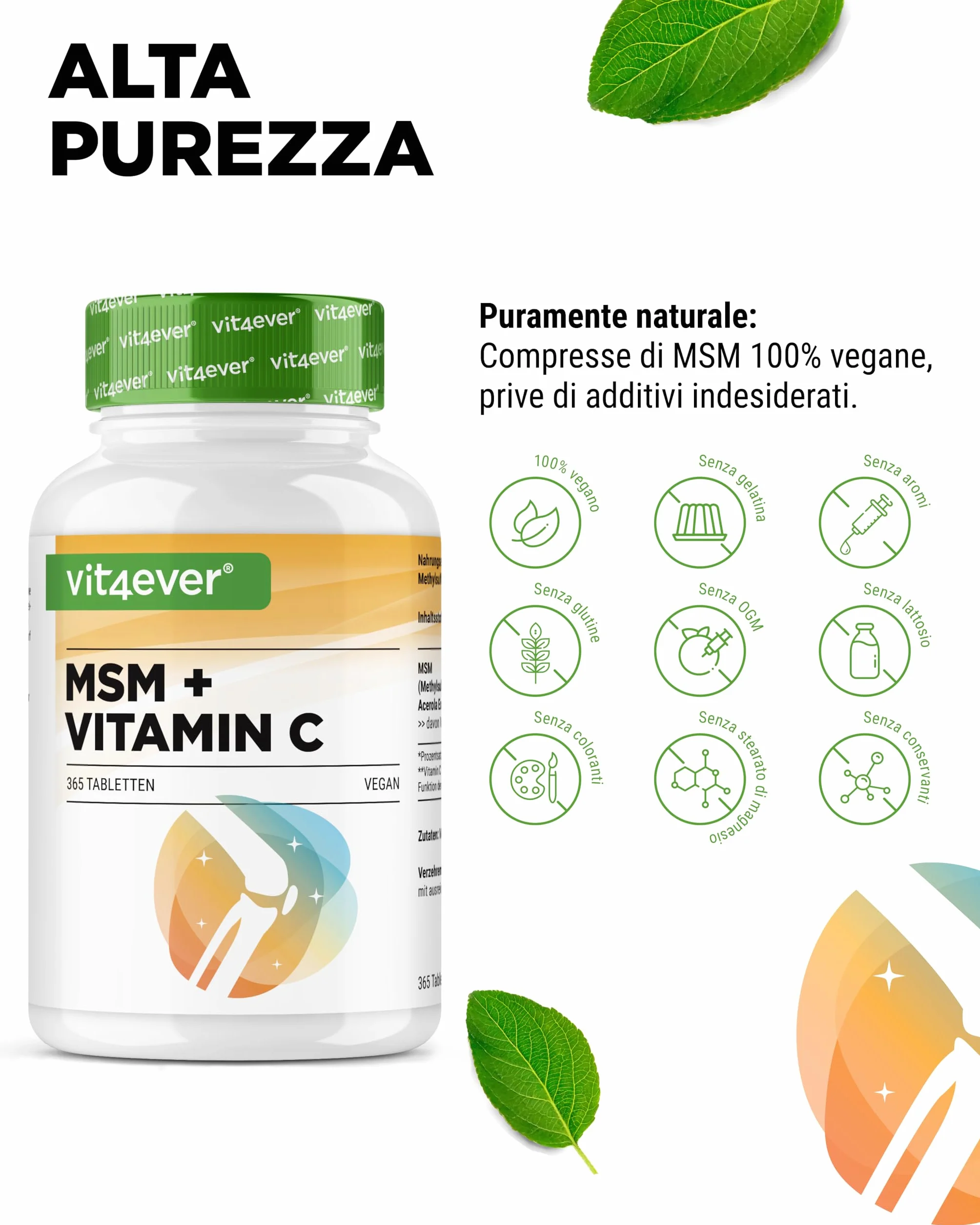 MSM 2000mg 365 compresse con vitamina C naturale da acerola vegan
