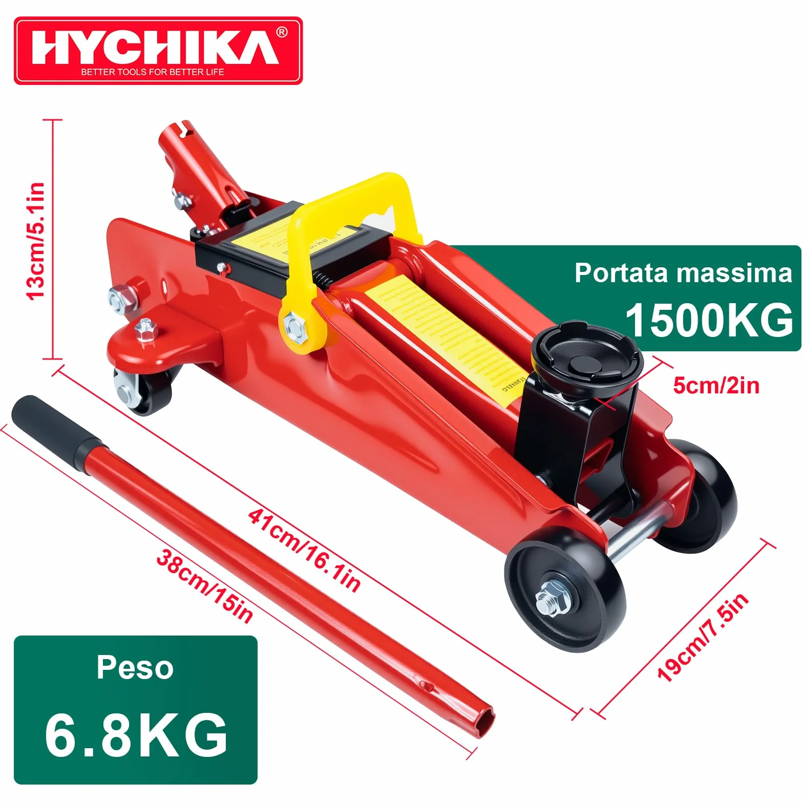 HYCHIKA Cric da corsa in acciaio 1.5 tonnellate con pompa a pistone idraulico