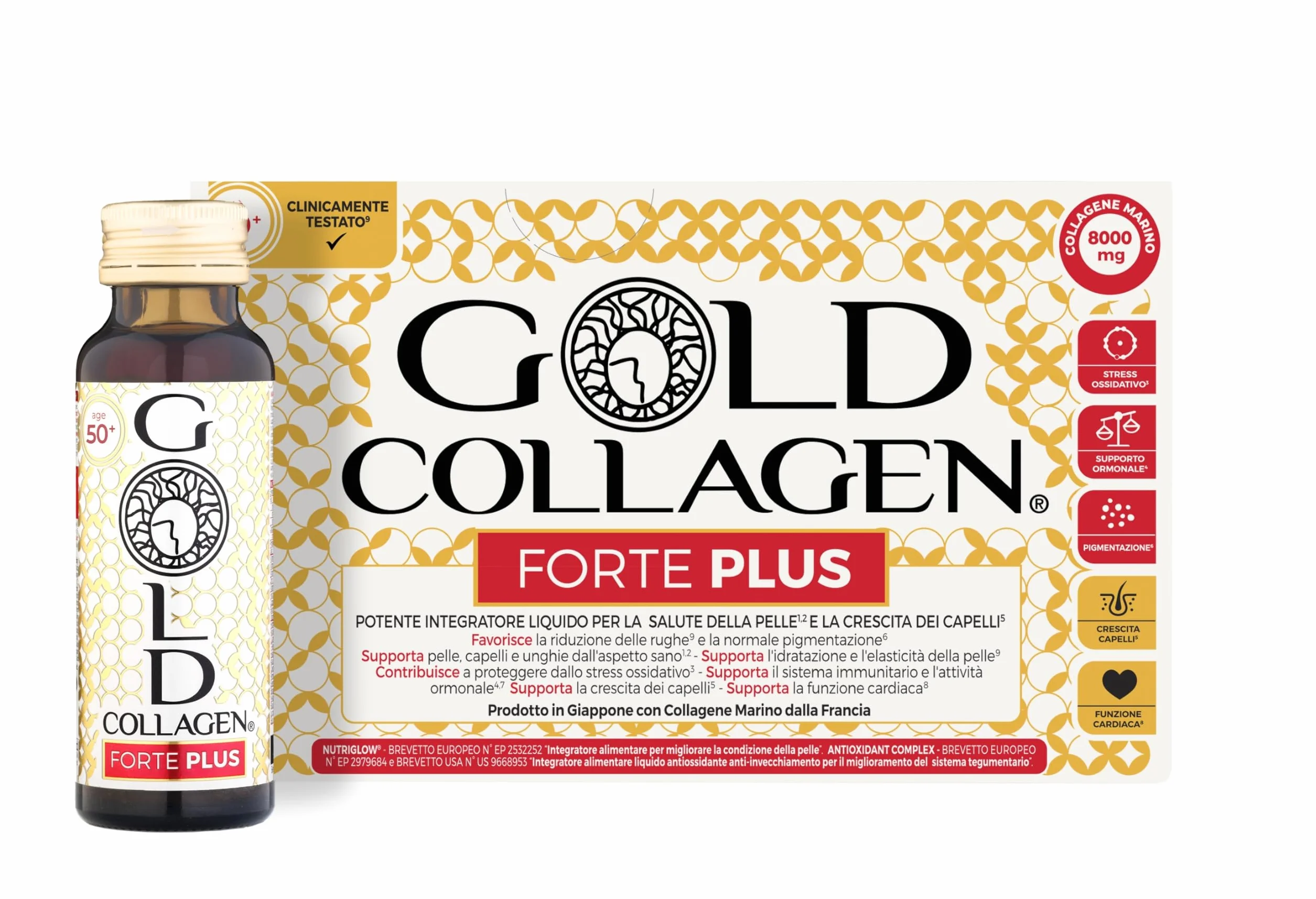 GOLD COLLAGEN New Forte Plus Collagene Integratore Antirughe con Vitamina C Antiossidante 8g Collagene Marino Acido Ialuronico Biotina 10x50ml