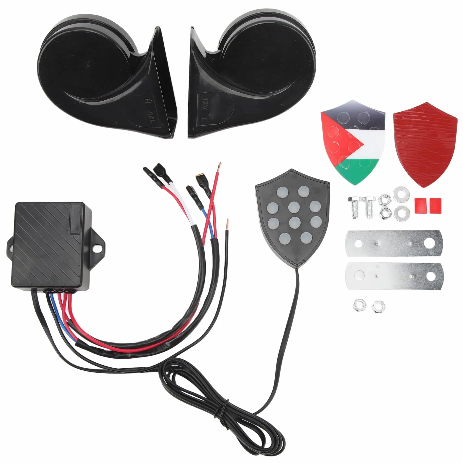 Aramox Clacson Elettronico, Clacson Auto 150dB con Telecomando Universale 12V, Compatibile Berline Camion SUV, Regolatore 10 Suoni Musicali, Modello YC102350-BK