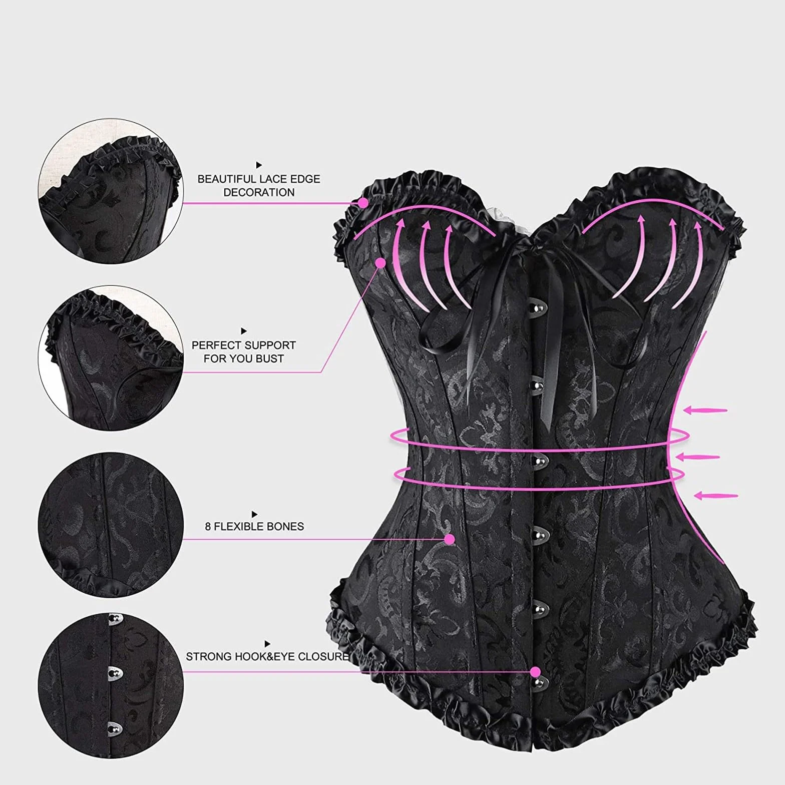 Corsetto da donna gotico con pizzo nero XS-5XL per Halloween cosplay